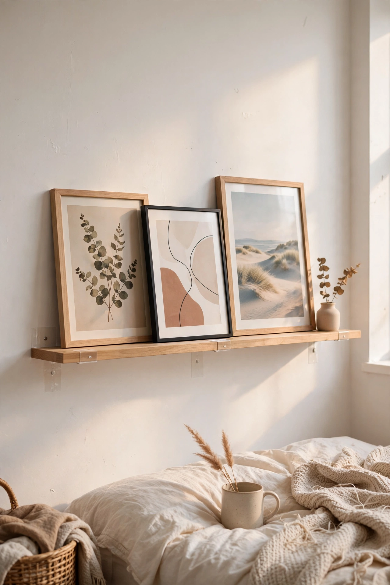 Narrow picture ledge DIY shelf with framed prints hung using adhesive strips