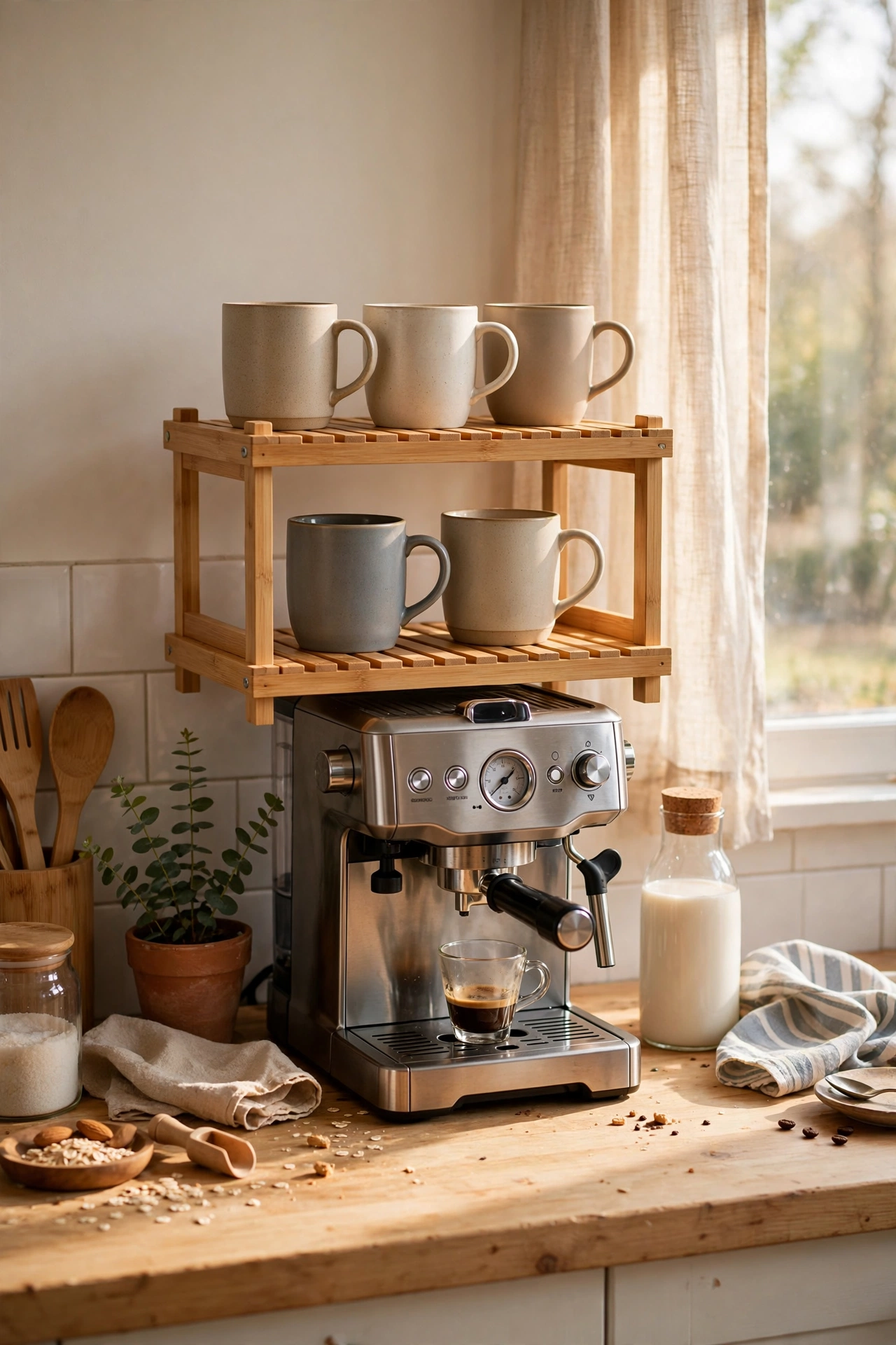 Two-tier bamboo countertop stacking DIY shelf organising mugs by a coffee machine