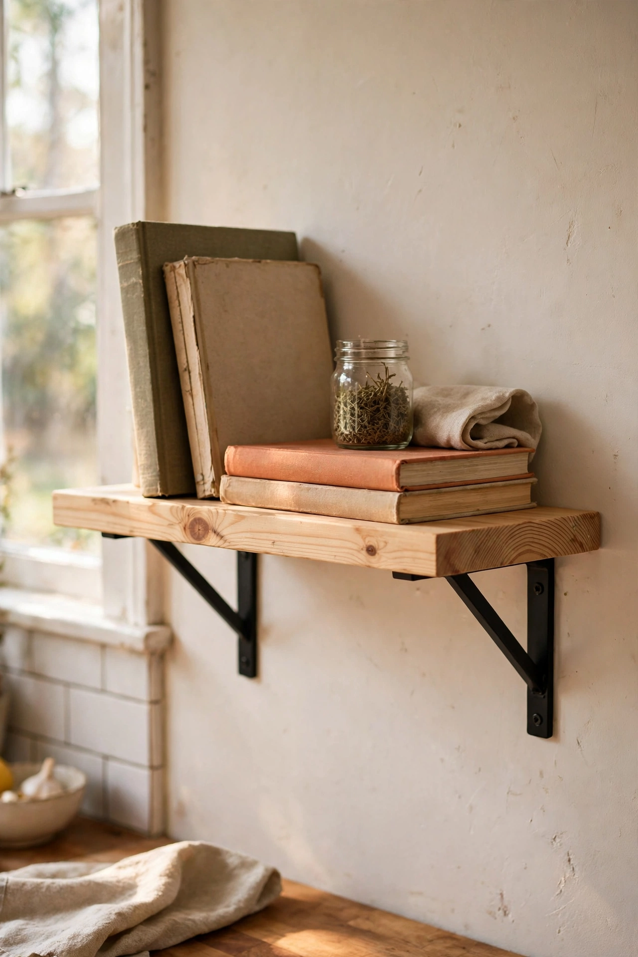 Classic pine board DIY shelf on two metal brackets holding cookbooks