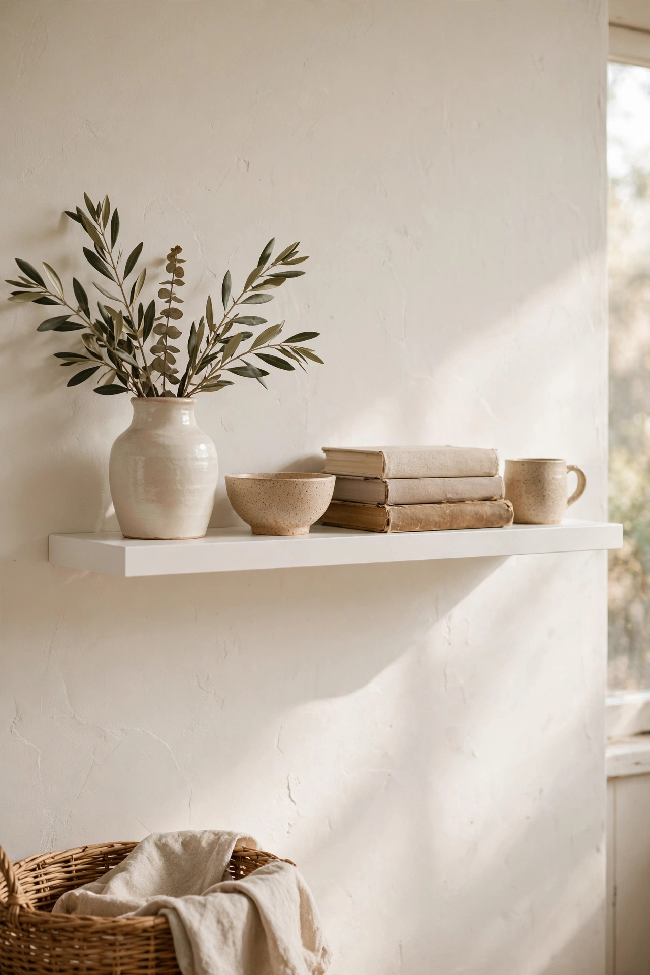 Floating DIY shelf painted the same colour as the wall with ceramics on it