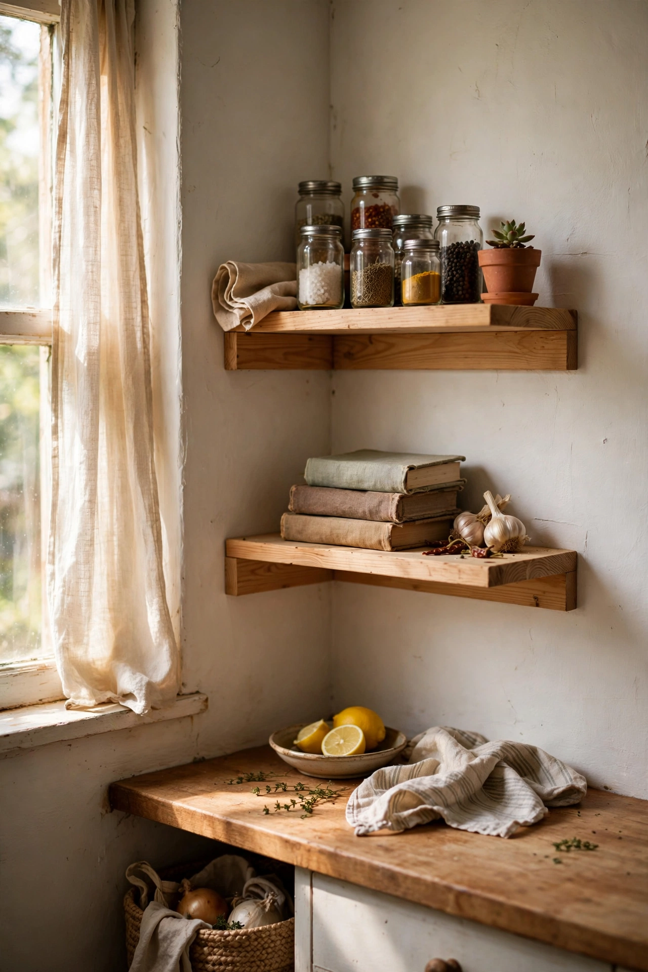 Two small corner DIY shelves meeting in a kitchen corner holding spice jars