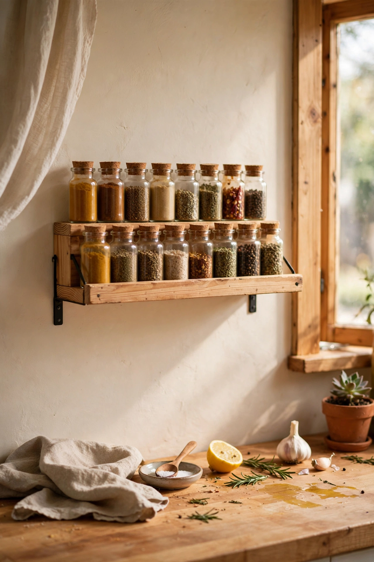 Narrow wooden DIY spice shelf with a front lip above a kitchen worktop