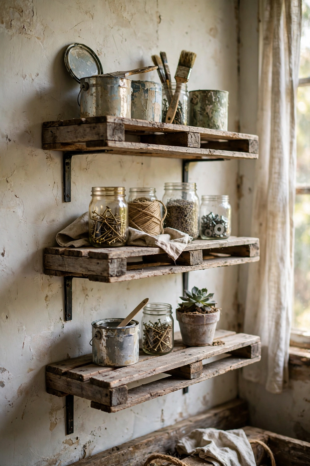 Rustic DIY shelves made from reclaimed pallet wood holding paint tins