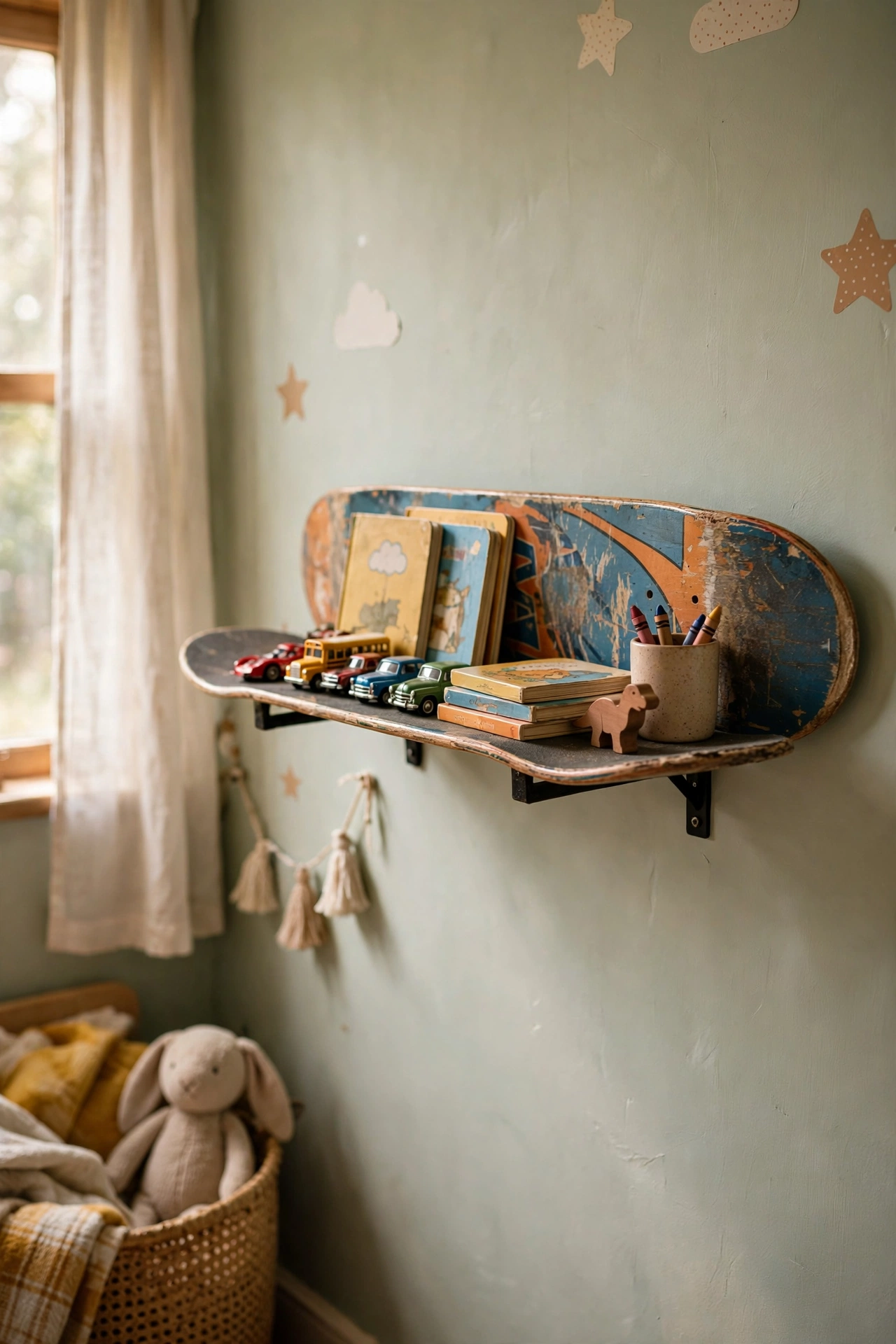 Old skateboard deck mounted as a playful DIY shelf in a kids bedroom