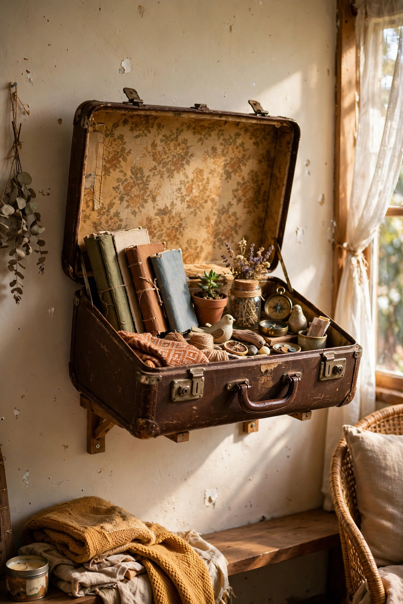 Vintage suitcase opened and mounted as a deep DIY shadow-box shelf