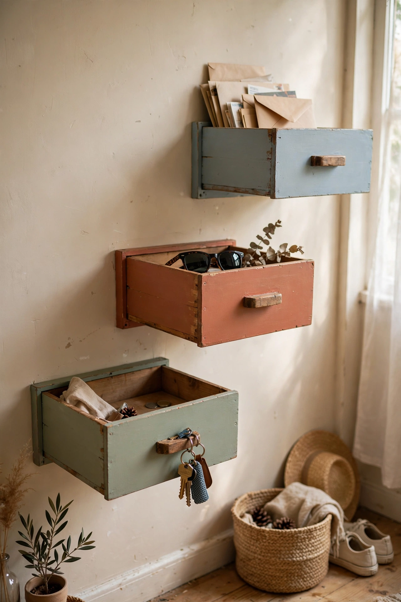Set of painted wooden drawers mounted as DIY box shelves in a hallway