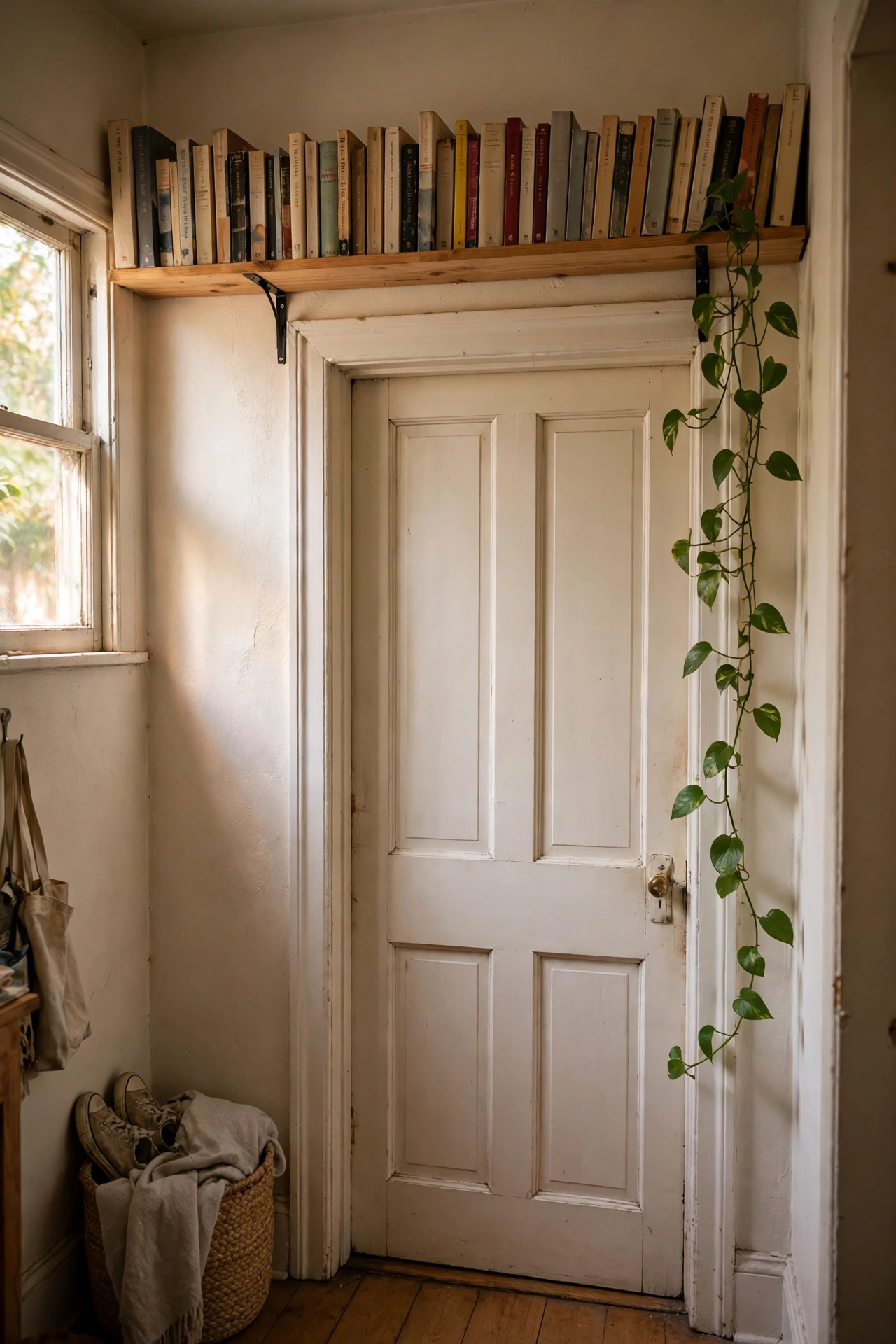 Long narrow DIY shelf above a doorframe displaying paperbacks and a plant