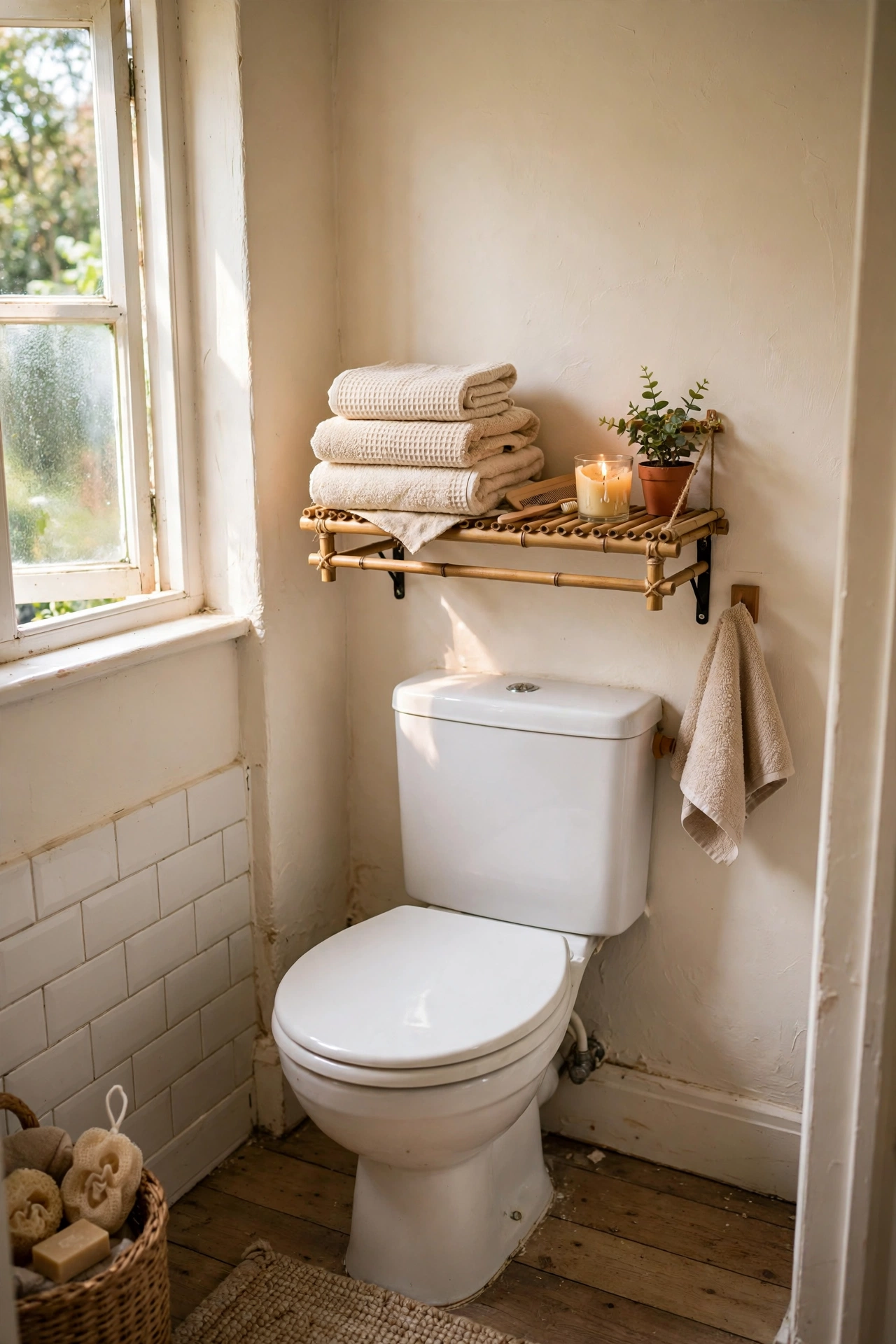 Small bamboo DIY mini shelf above a toilet holding towels and a candle