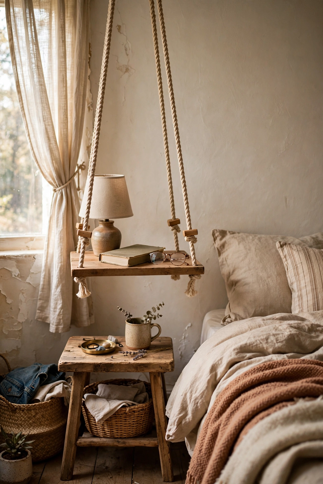 Rope-hung wooden DIY shelf beside a bed holding a lamp and a book