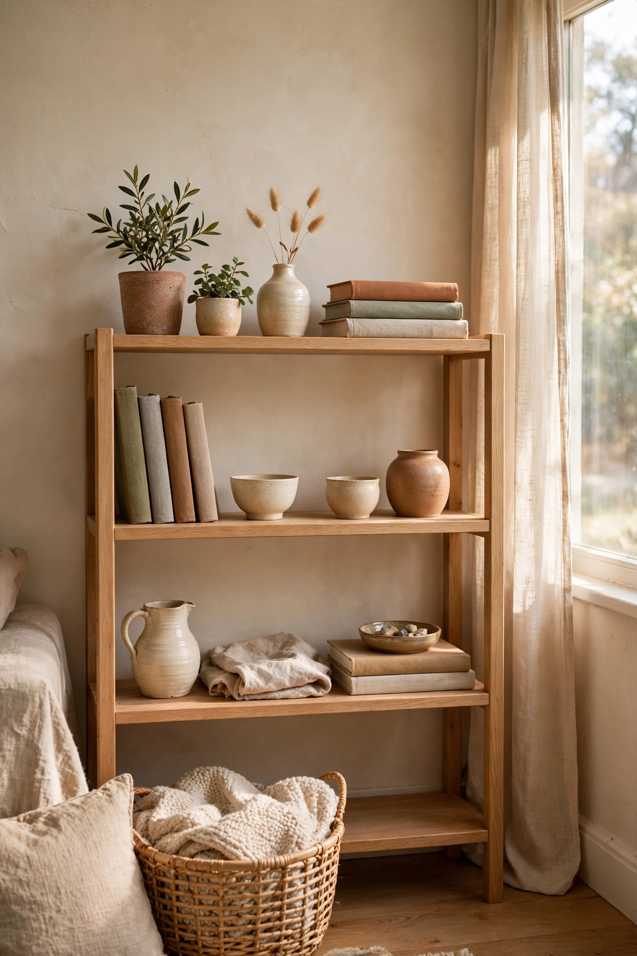 Styled living room bookshelf restyled in a one-hour DIY decor project