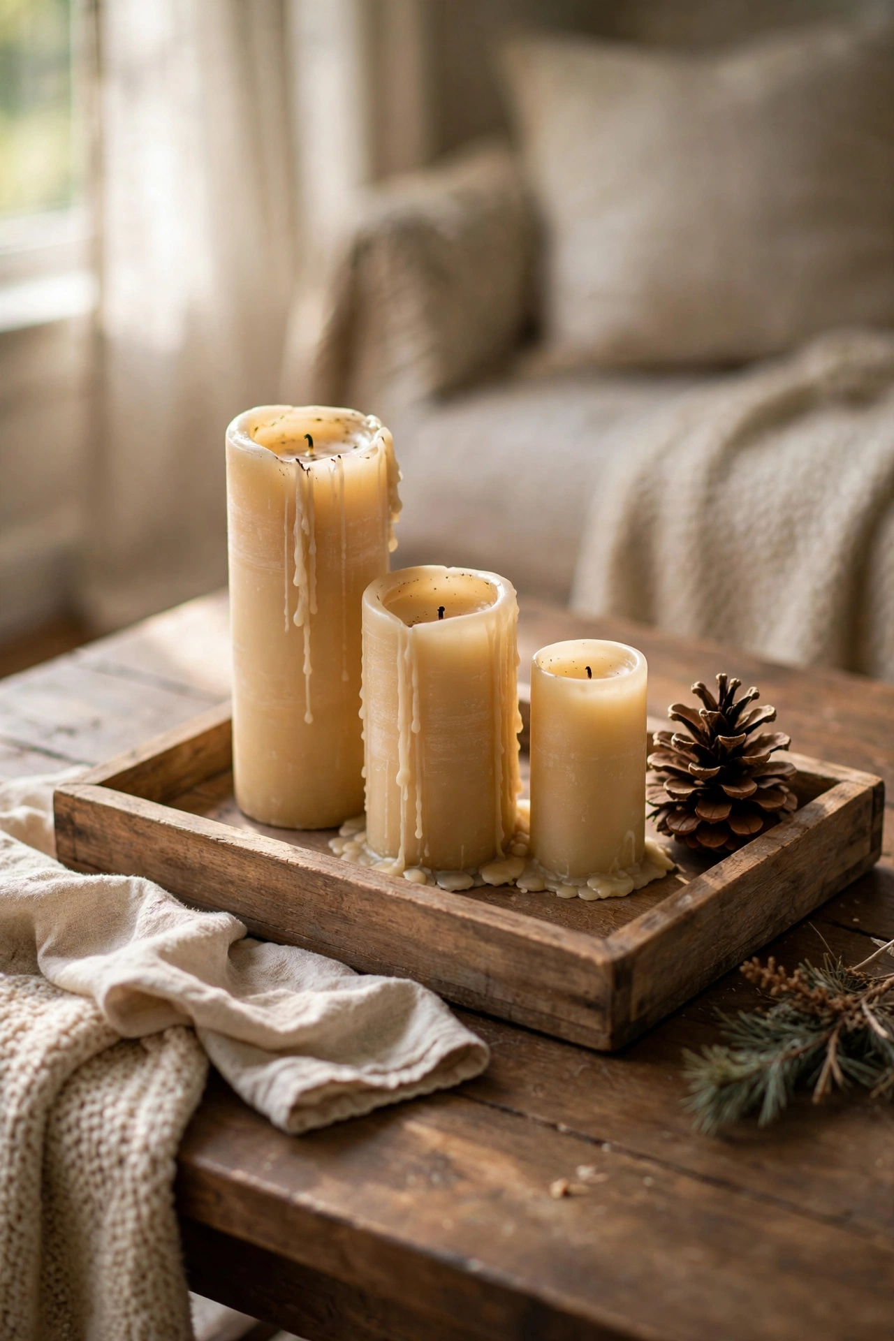 Coffee table with a candle tray centrepiece, a fast one-hour DIY decor idea