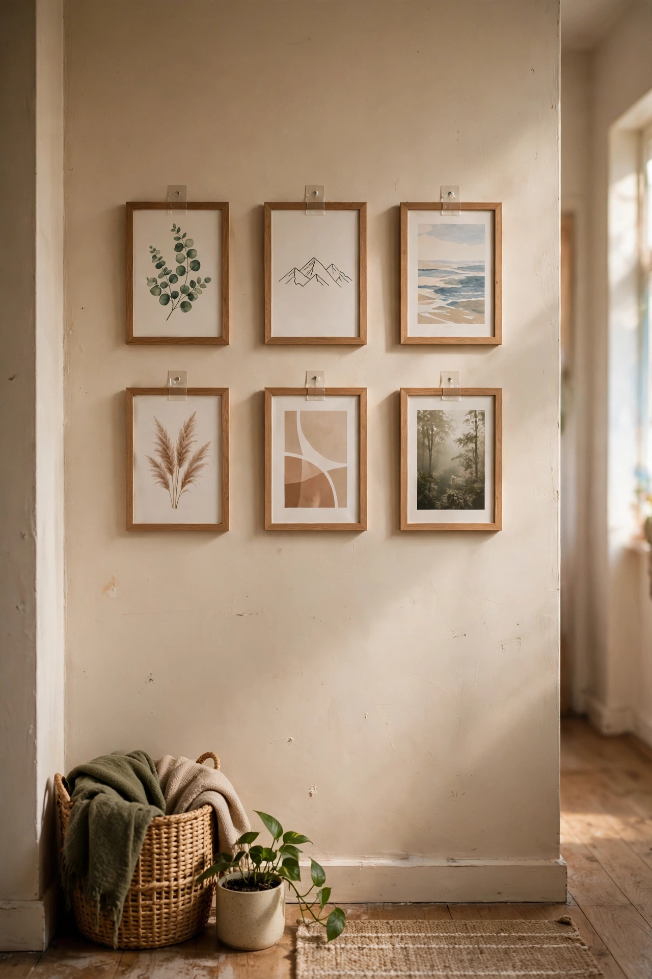 Small no-drill gallery wall hung with adhesive strips in a hallway