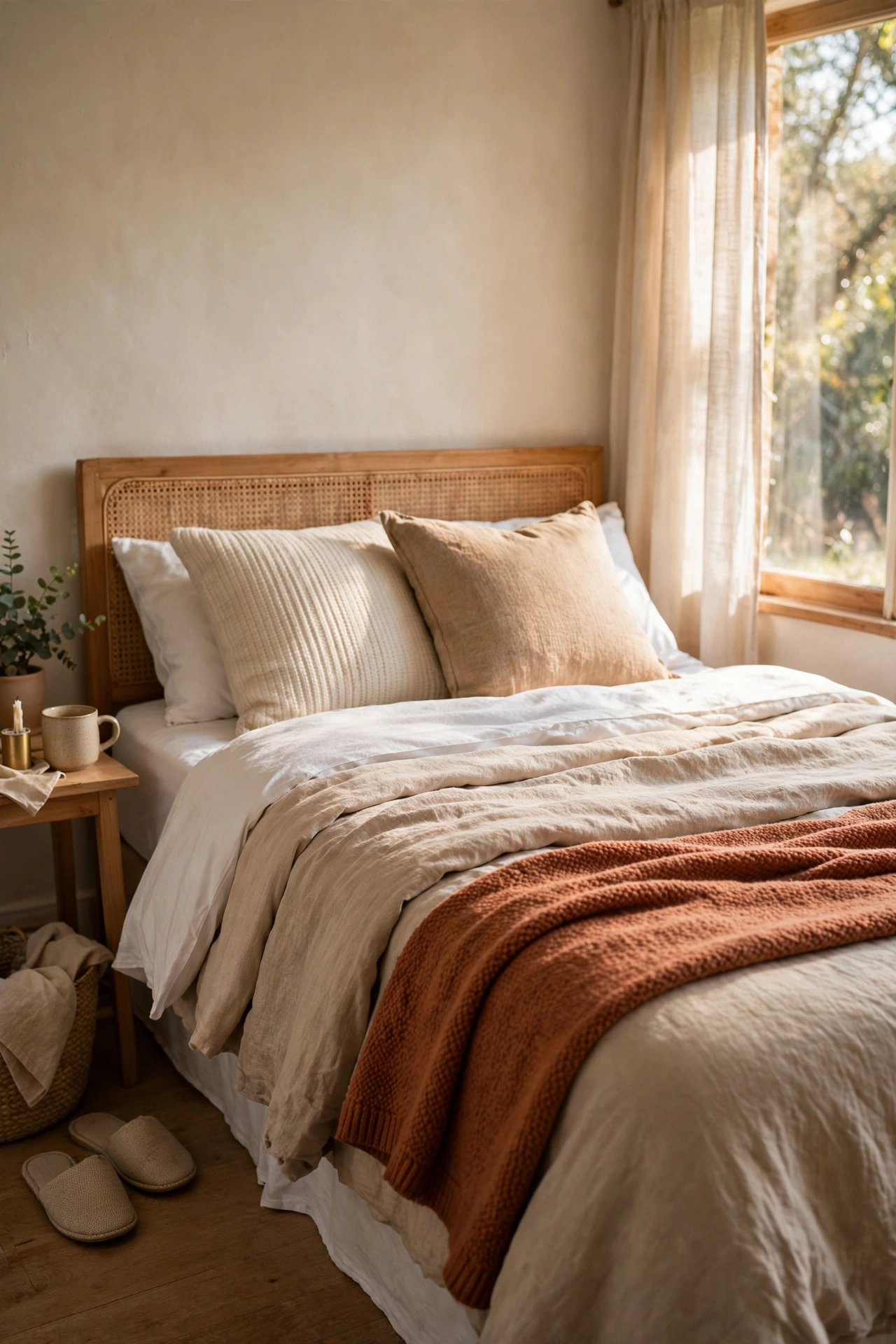 Bed freshly dressed with layered throw and cushions in a one-hour bedroom refresh
