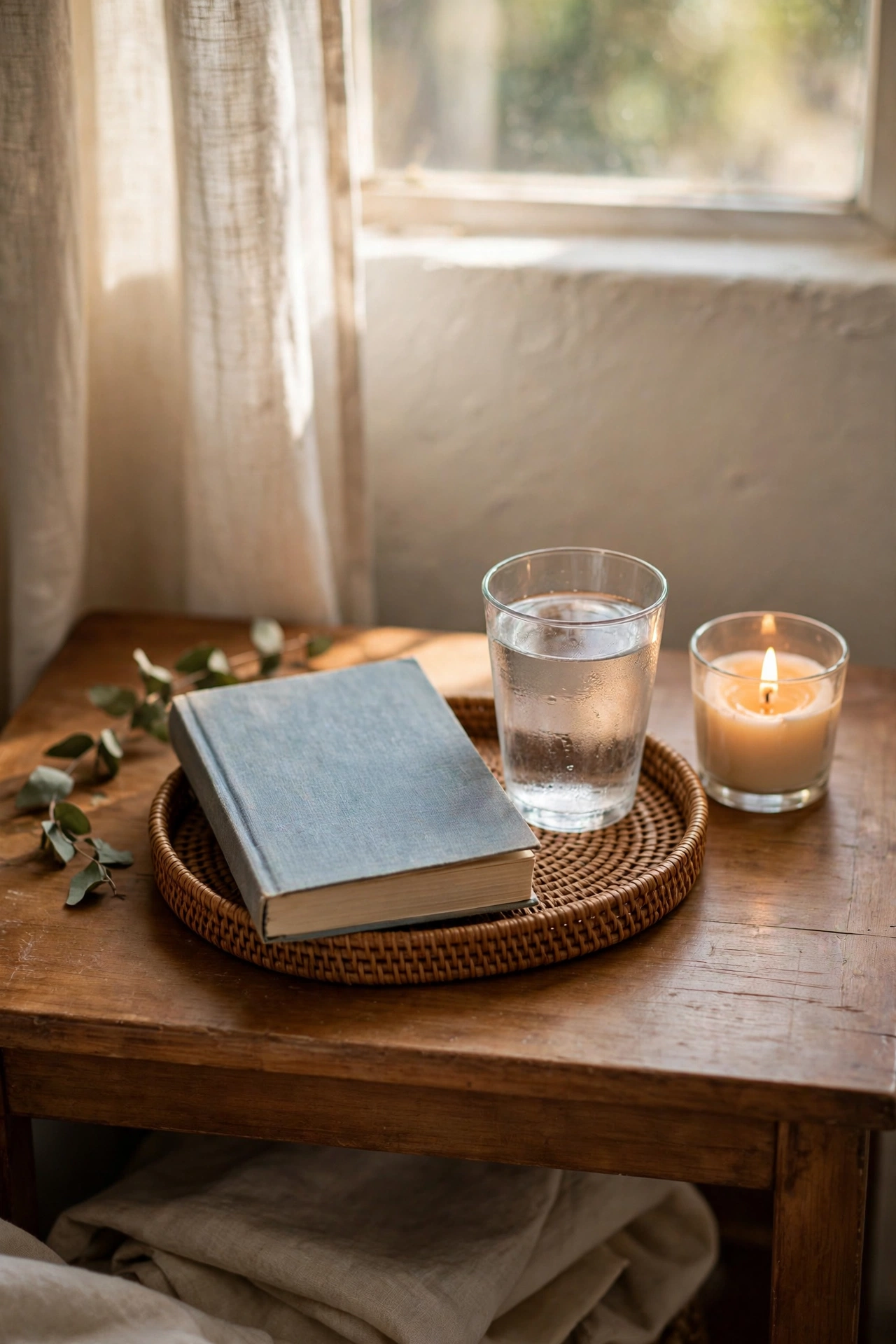 Nightstand with a small tray holding a book, water glass and candle