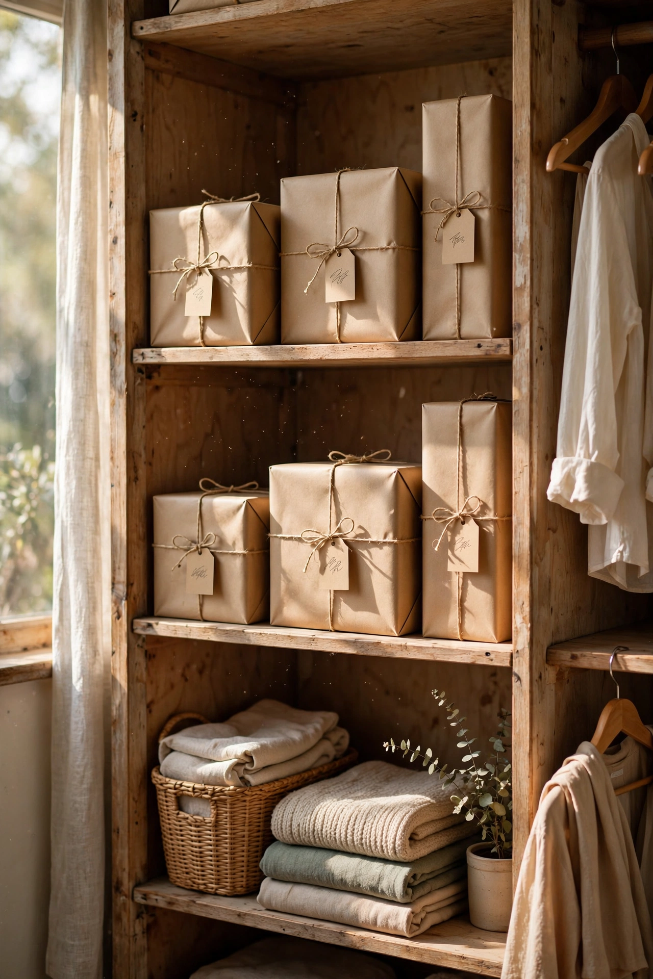 Wardrobe shelf with storage boxes wrapped in matching kraft paper