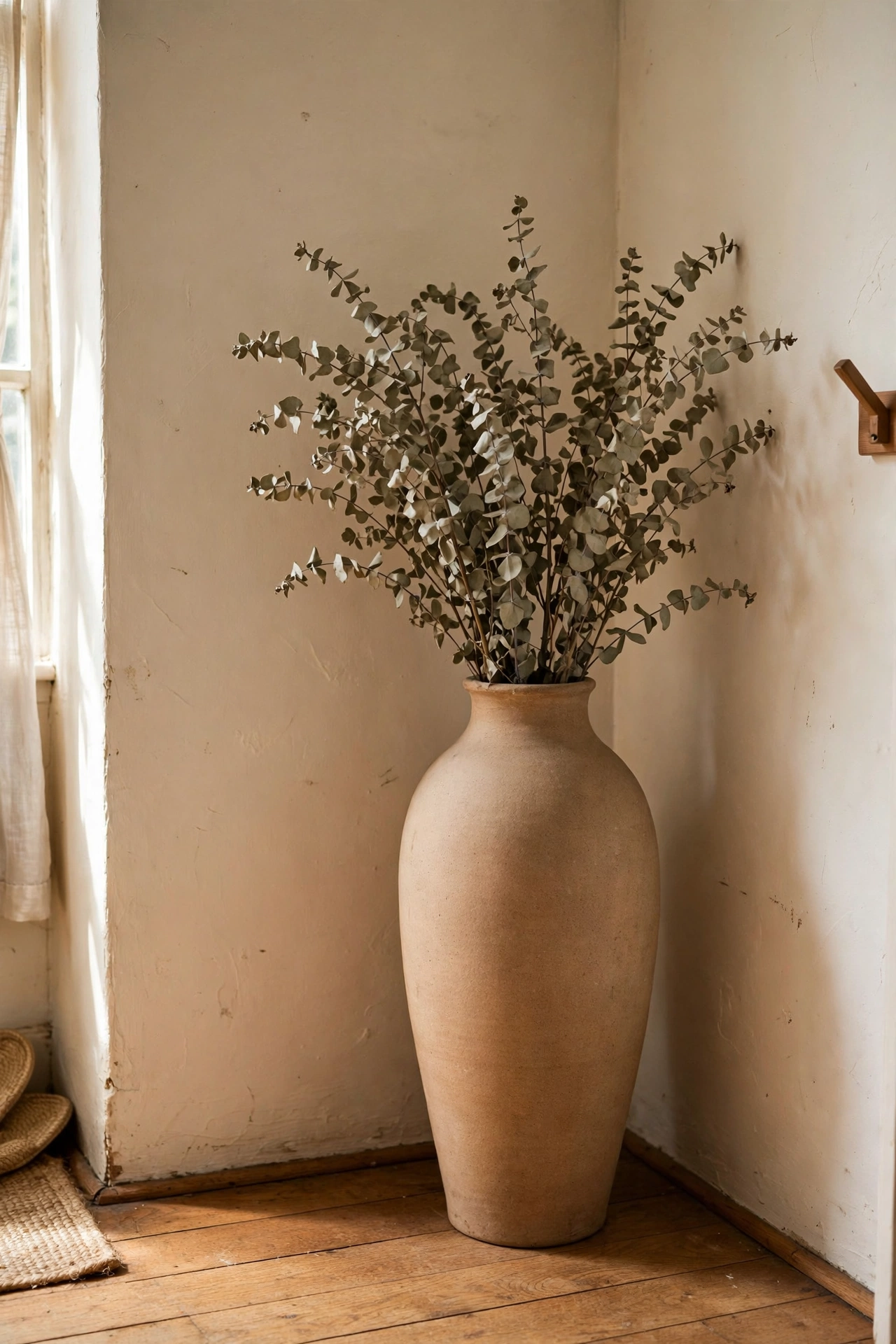 Tall vase with a bundle of dried eucalyptus in a hallway corner