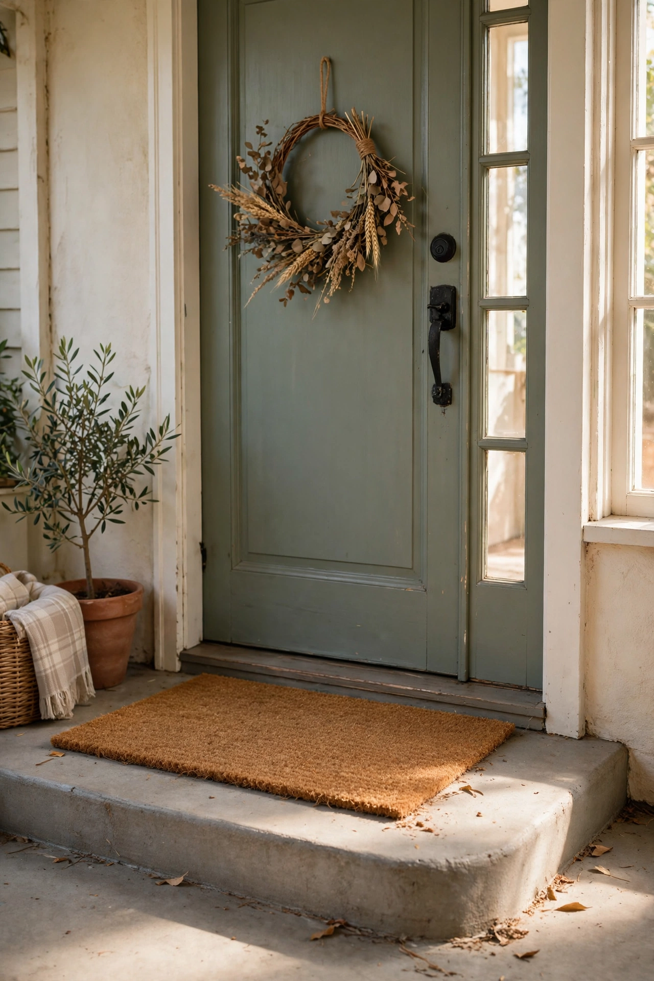Refreshed front door with a new doormat and simple dried-stem wreath