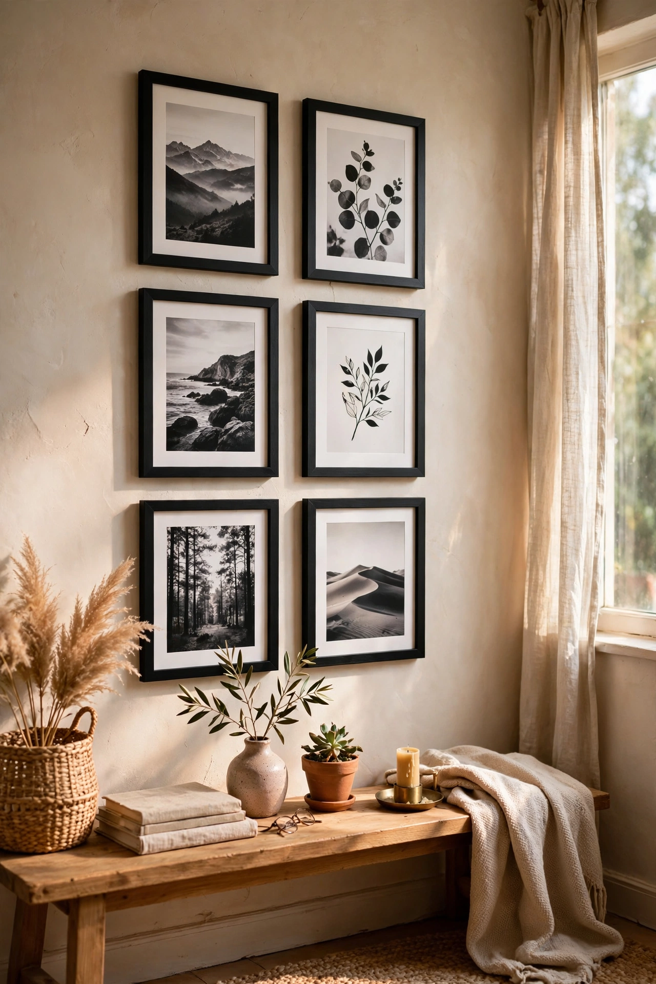 Set of charity-shop frames spray-painted matte black as a matching gallery set