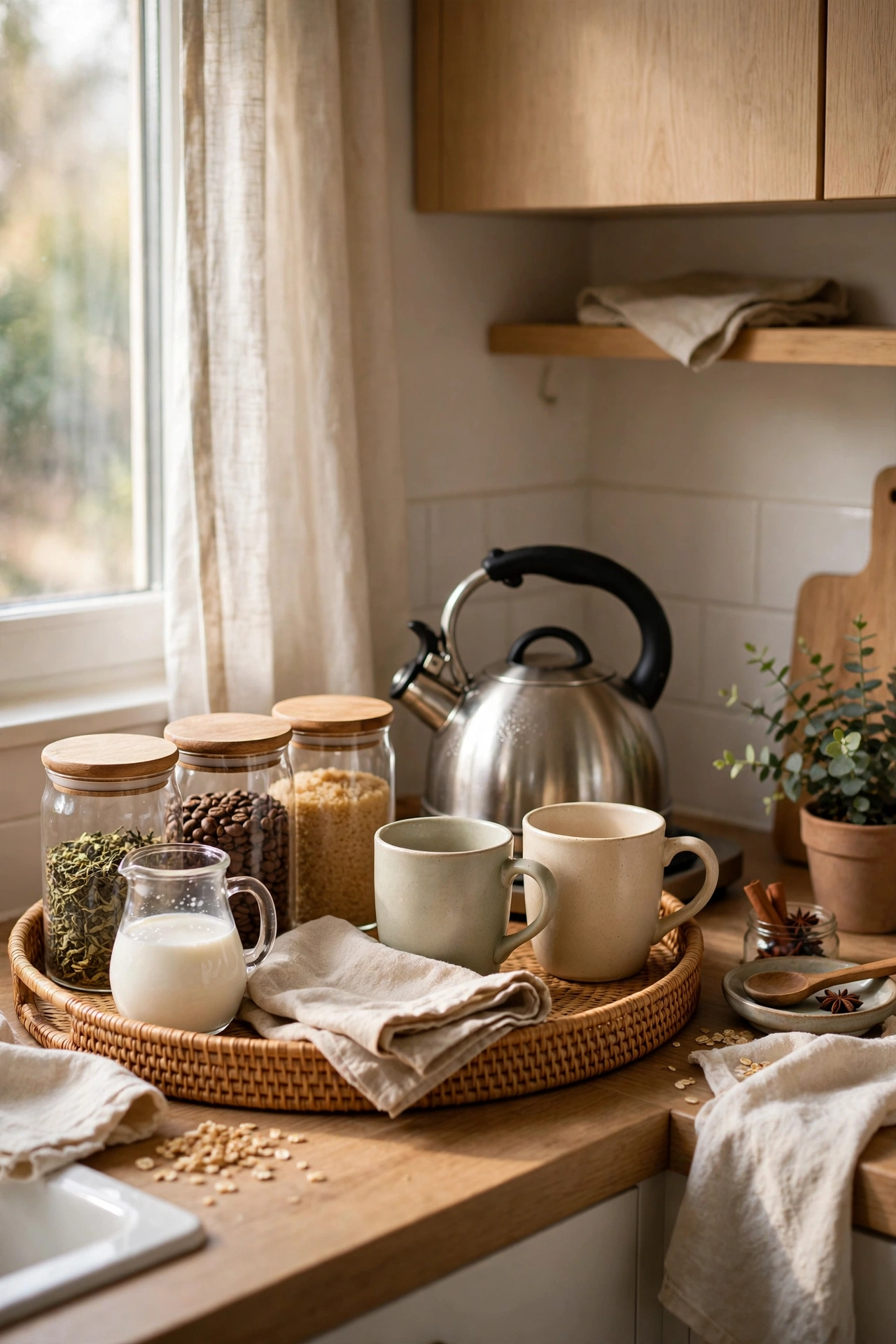 Kitchen counter corner set up as a tidy tea and coffee station