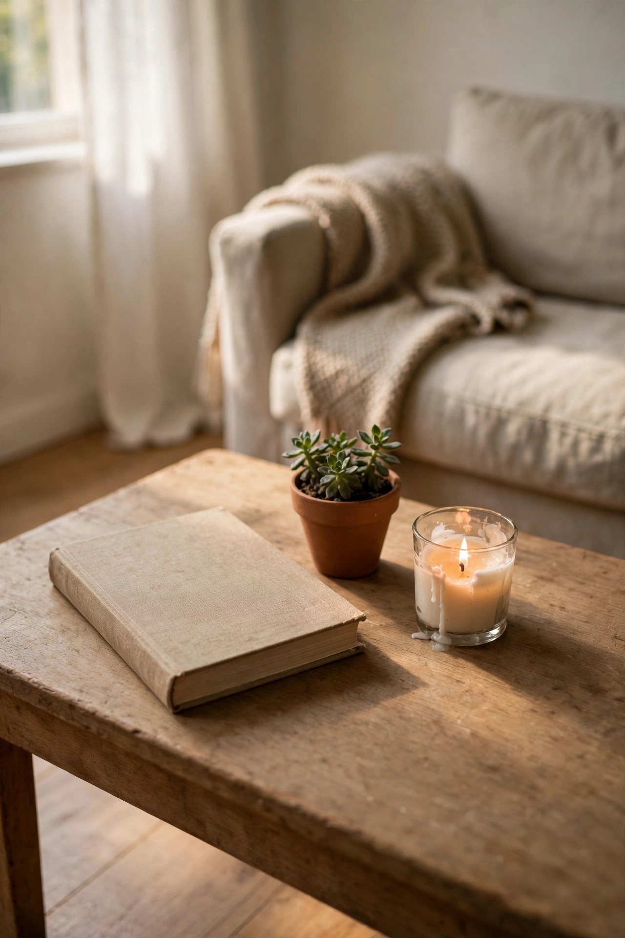 Minimal coffee table styled with a book, a plant and a candle