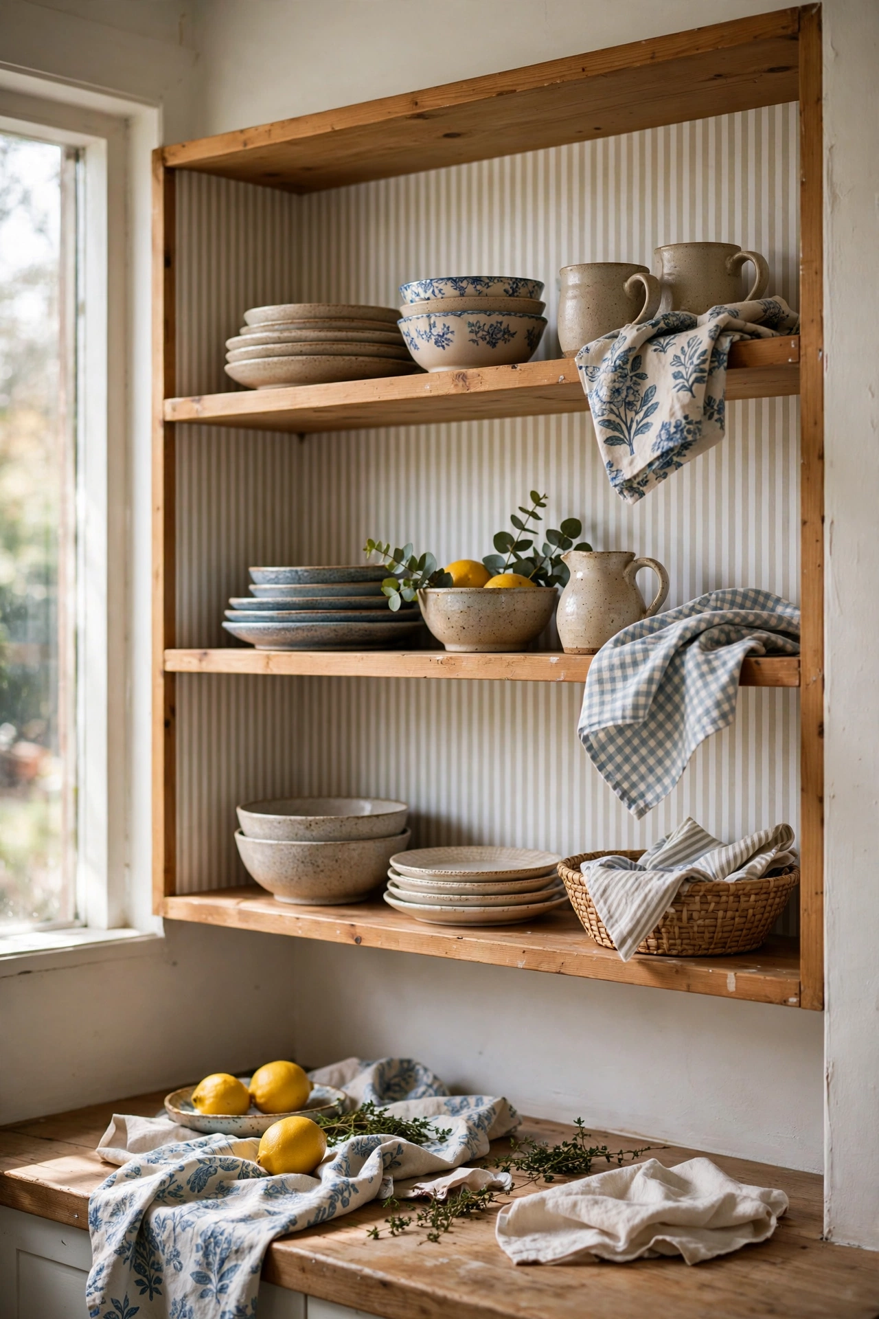 Open kitchen shelves lined with striped peel-and-stick paper behind dishes