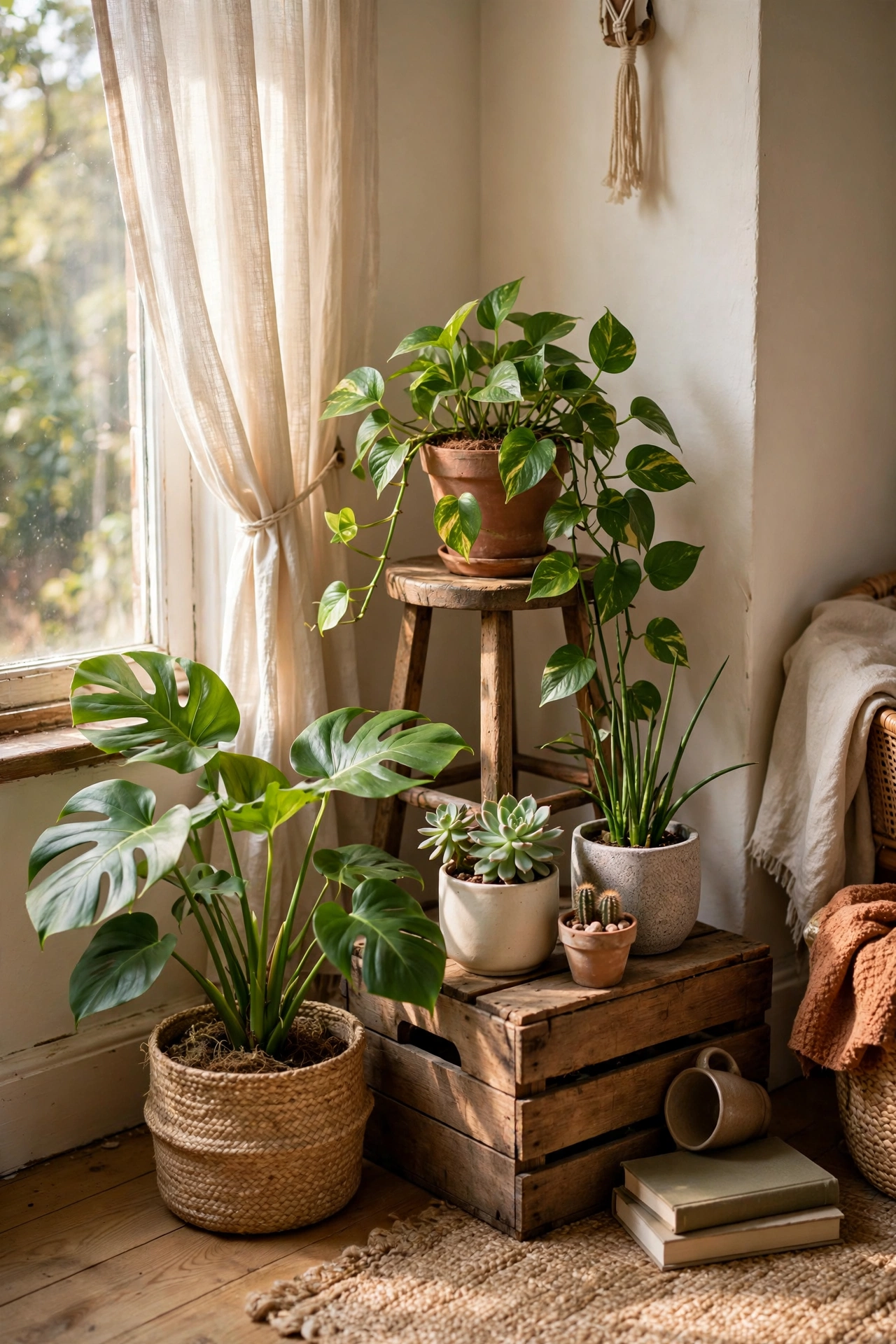 Bright corner with houseplants grouped at different heights