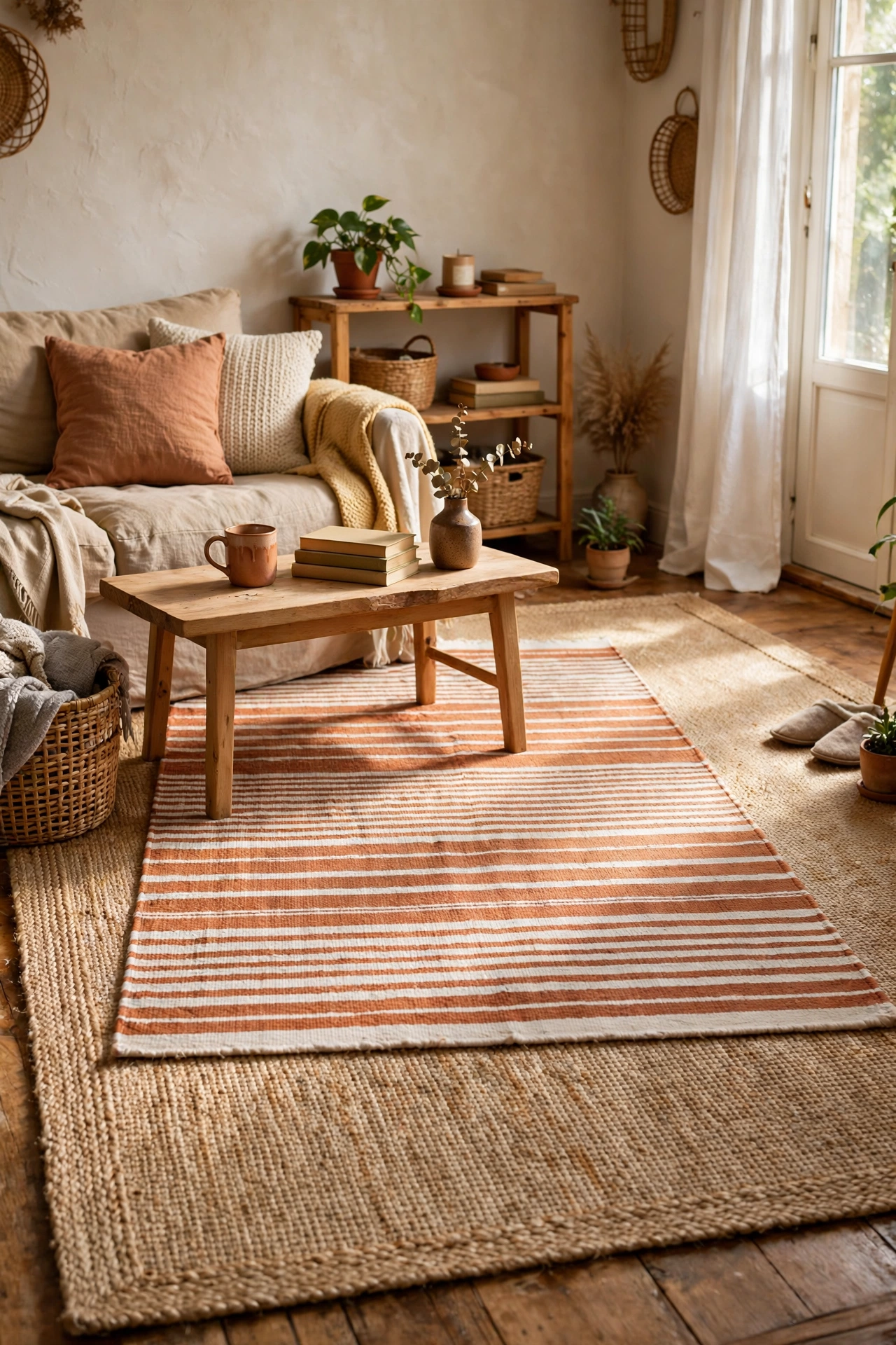 Living room with a striped flat-weave rug layered over a larger neutral rug