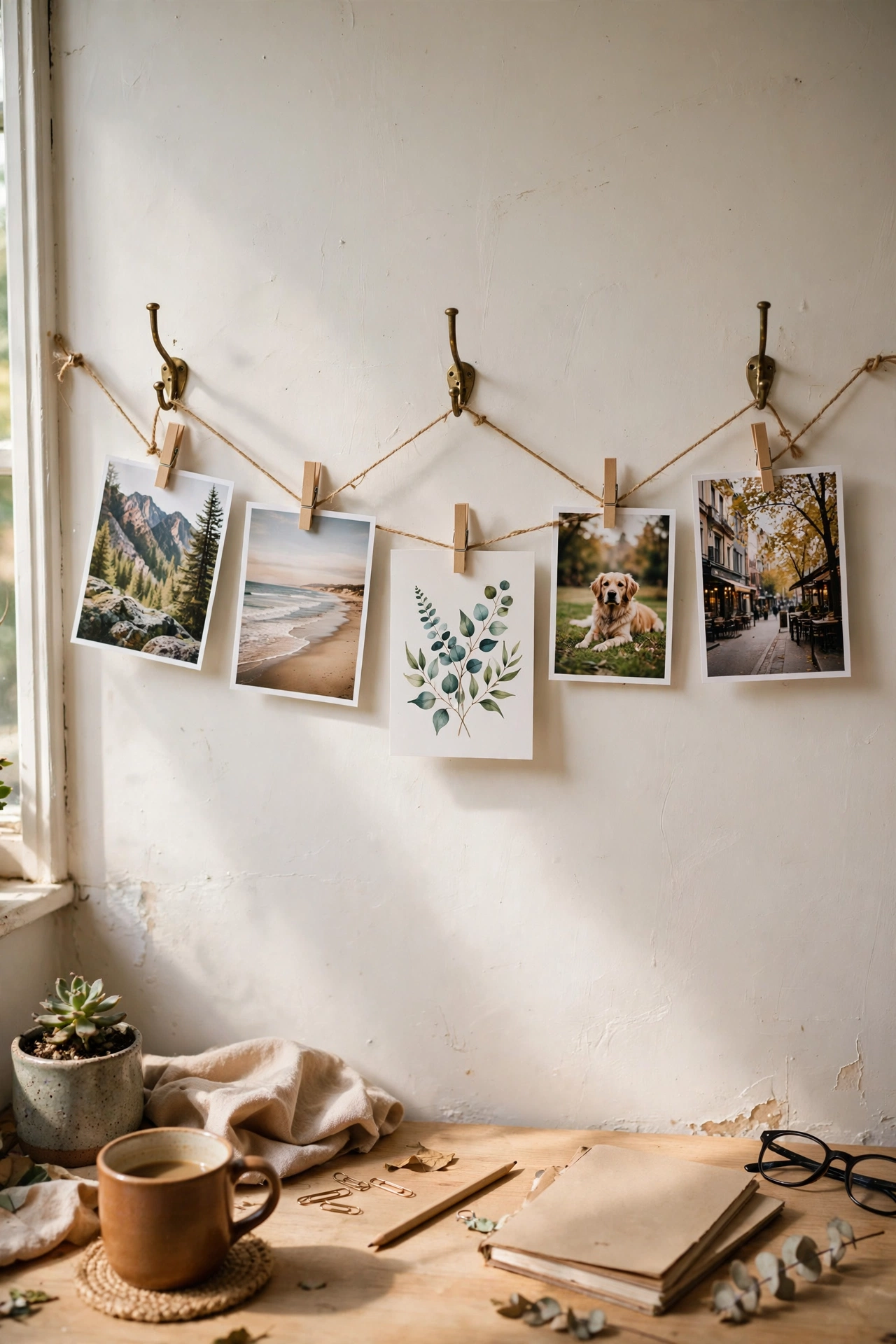 Desk wall with a twine string of clipped printed photos above it