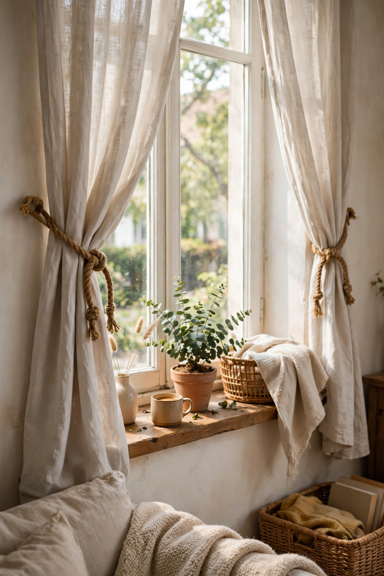 Window with curtains gathered by natural jute rope tie-backs