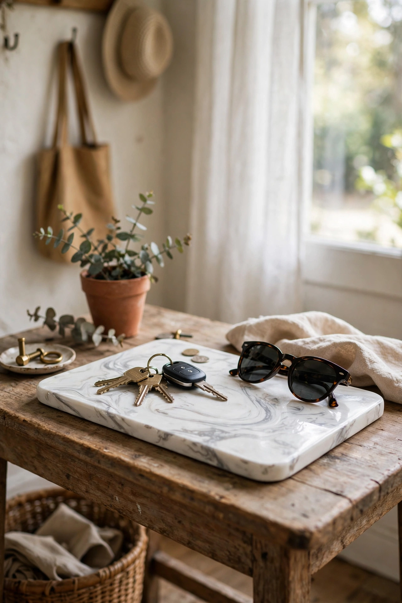 Handmade faux marble tray with grey veining styled with keys and sunglasses in a dollar store diy decor craft project