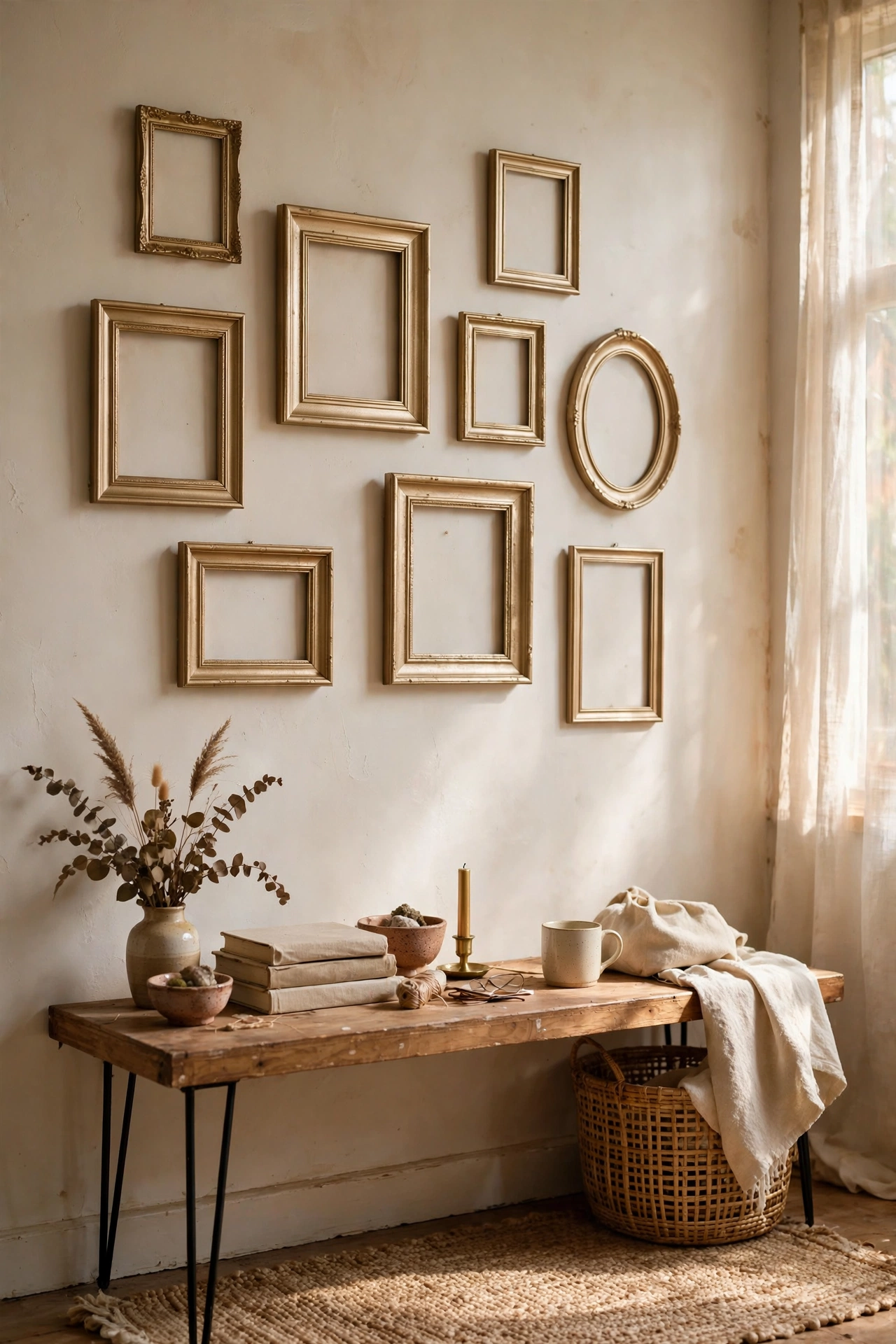 Gallery wall of mismatched frames spray-painted satin gold in a dollar store diy decor project
