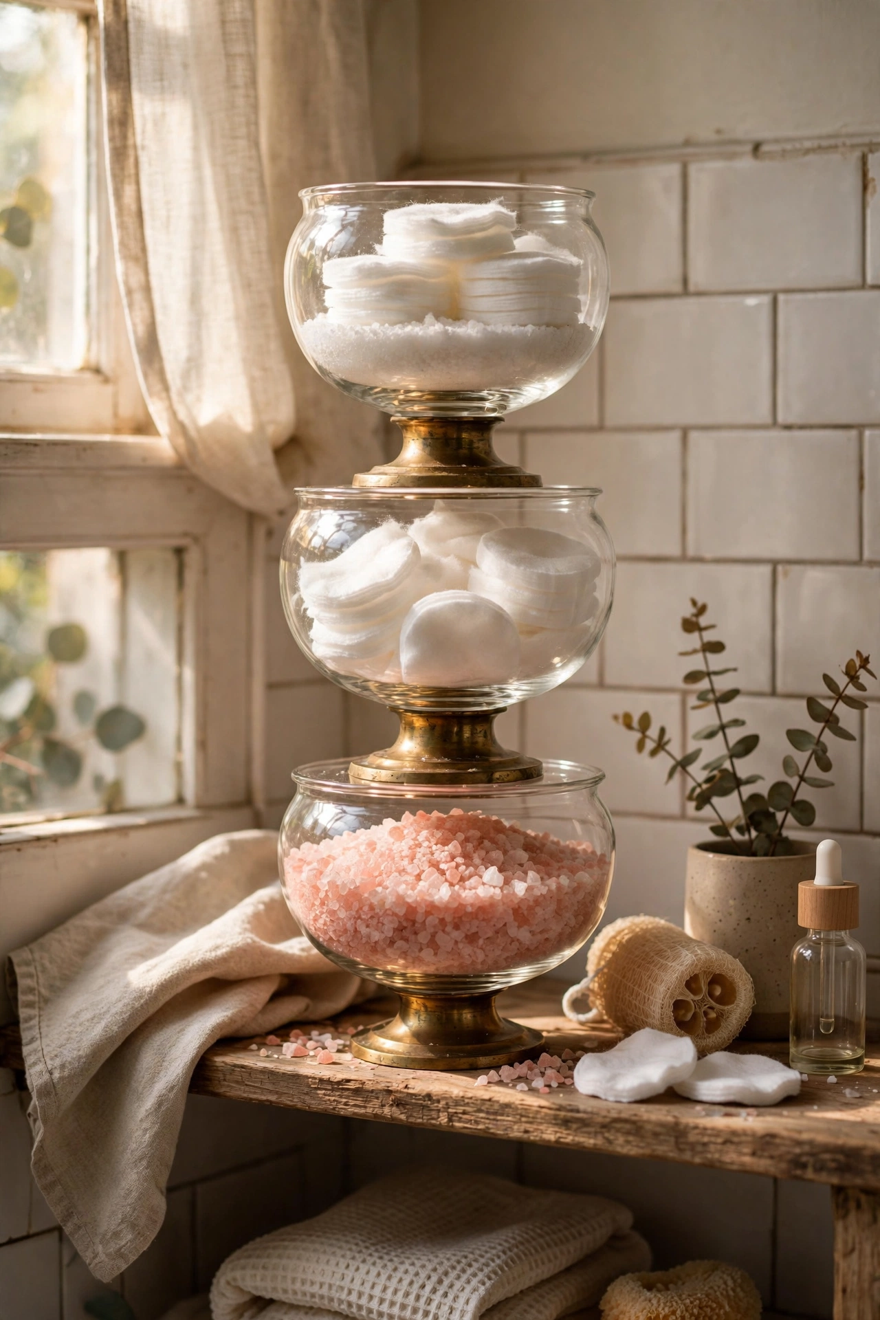 Stacked glass apothecary jars filled with bath salts on a bathroom shelf in a dollar store diy decor project