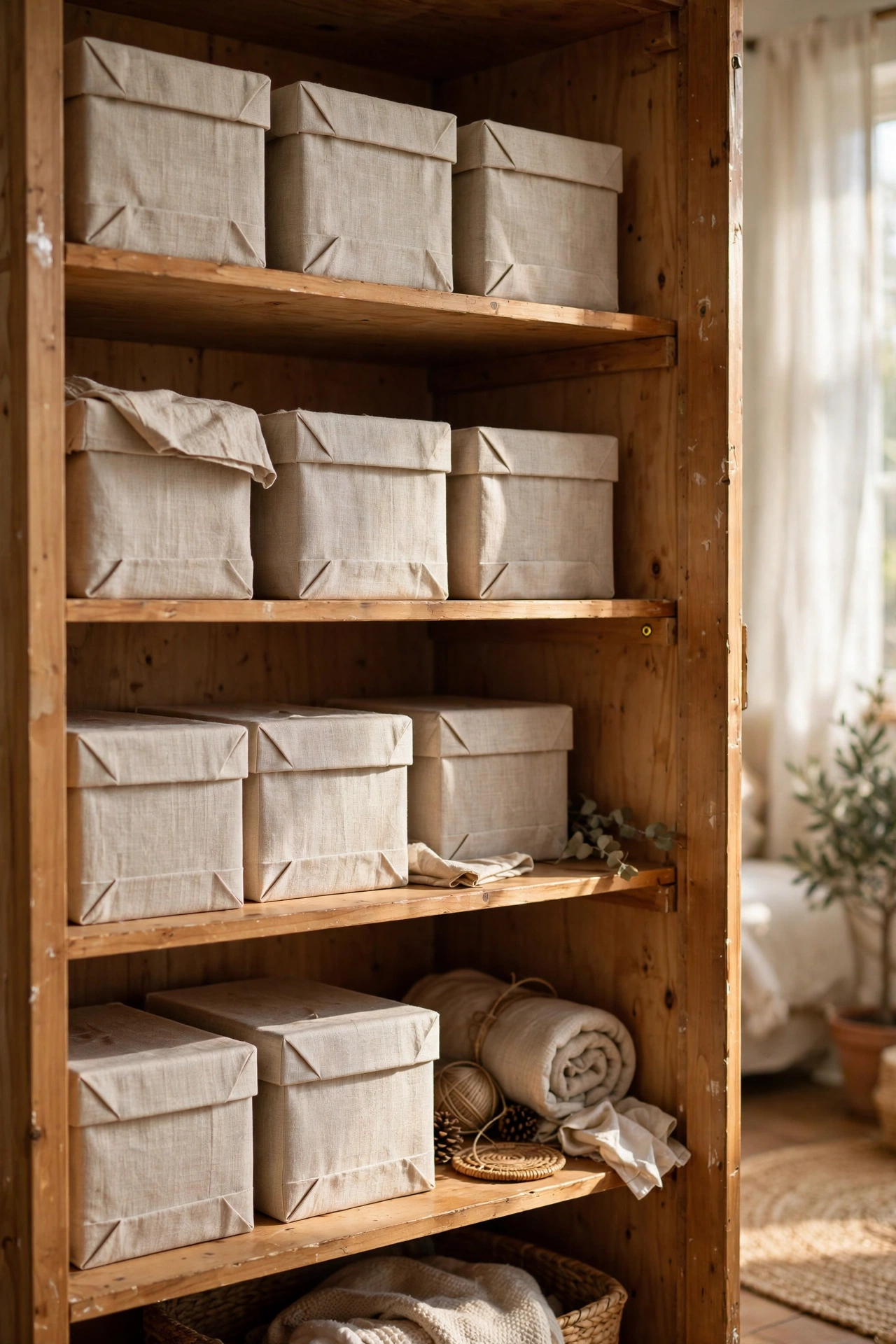 Cardboard storage boxes wrapped in linen fabric on an open shelf in a dollar store diy decor project