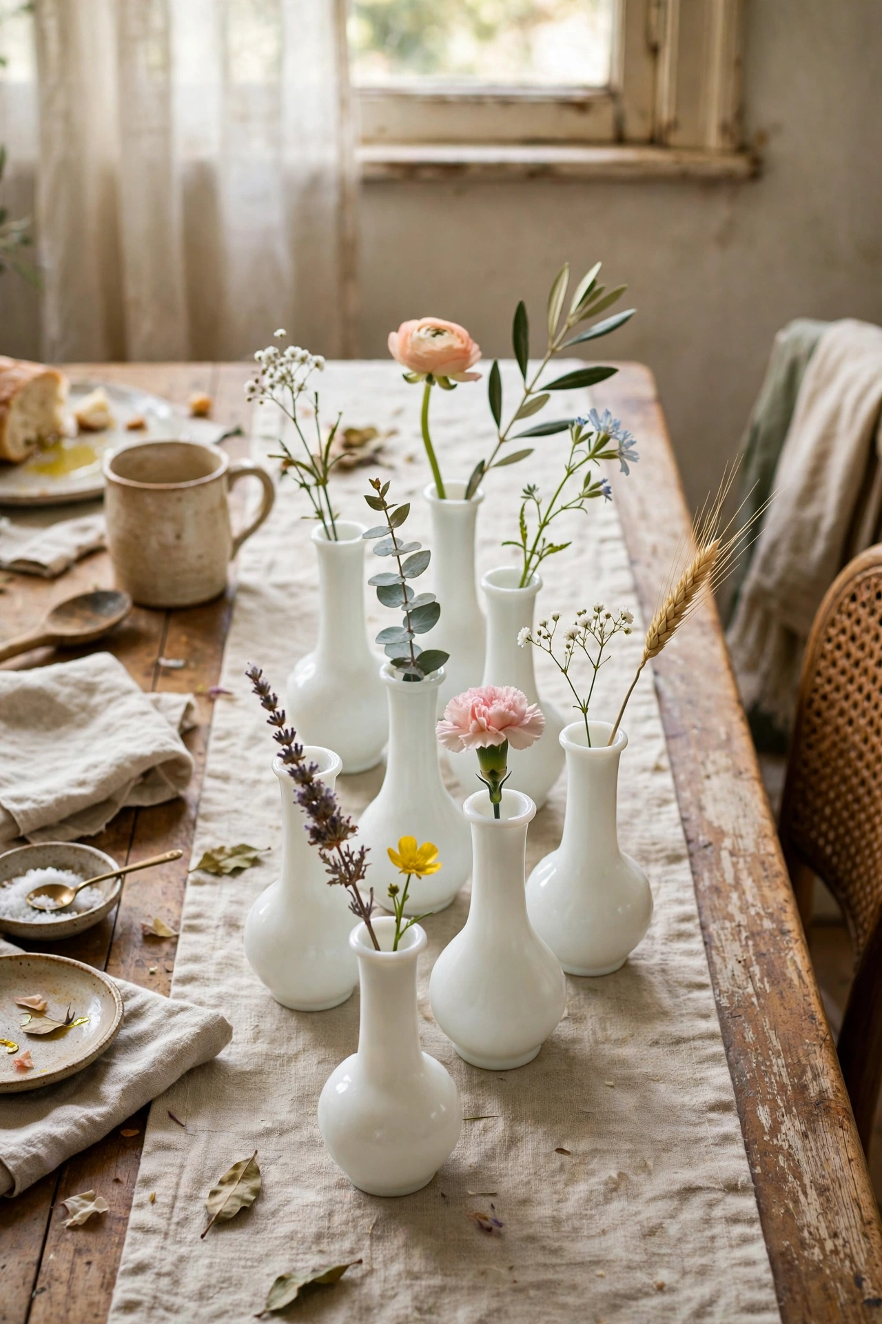 Cluster of matte white milk glass bud vases with single stems on a dining table in a dollar store diy decor project