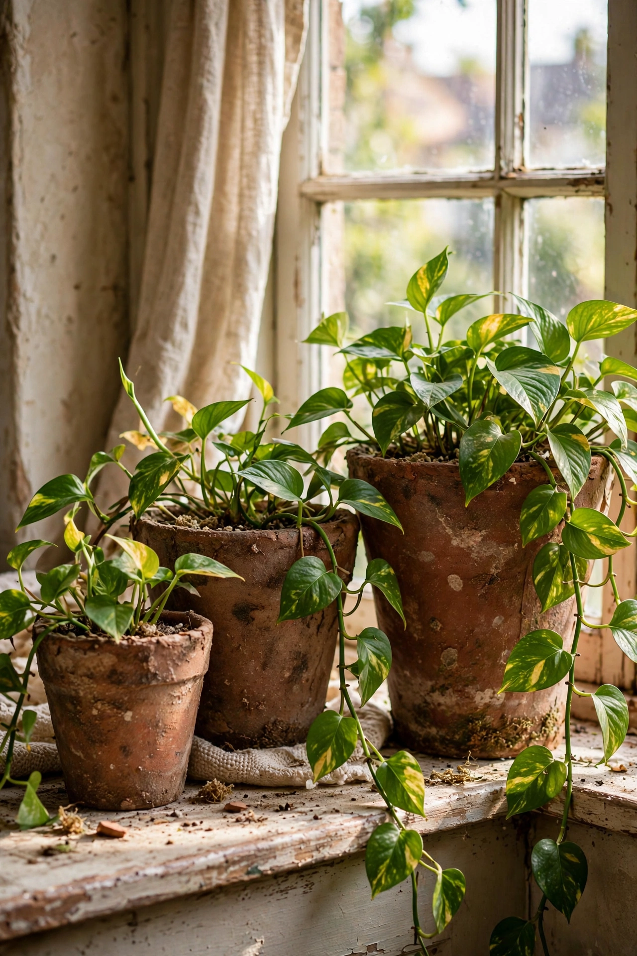 Plastic plant pots painted to look like aged terracotta on a windowsill in a dollar store diy decor project