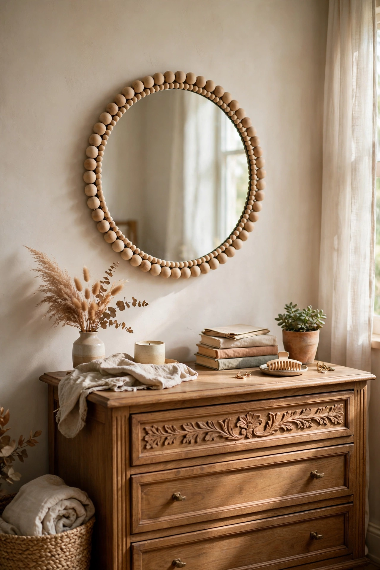 Round mirror framed with a ring of natural wooden beads above a dresser in a dollar store diy decor project