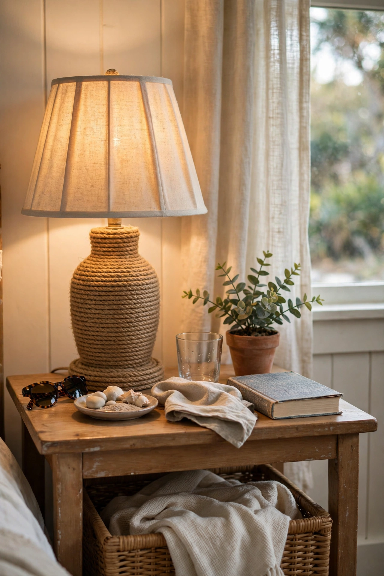 Table lamp base wrapped in tight jute rope coils with a linen shade in a dollar store diy decor project