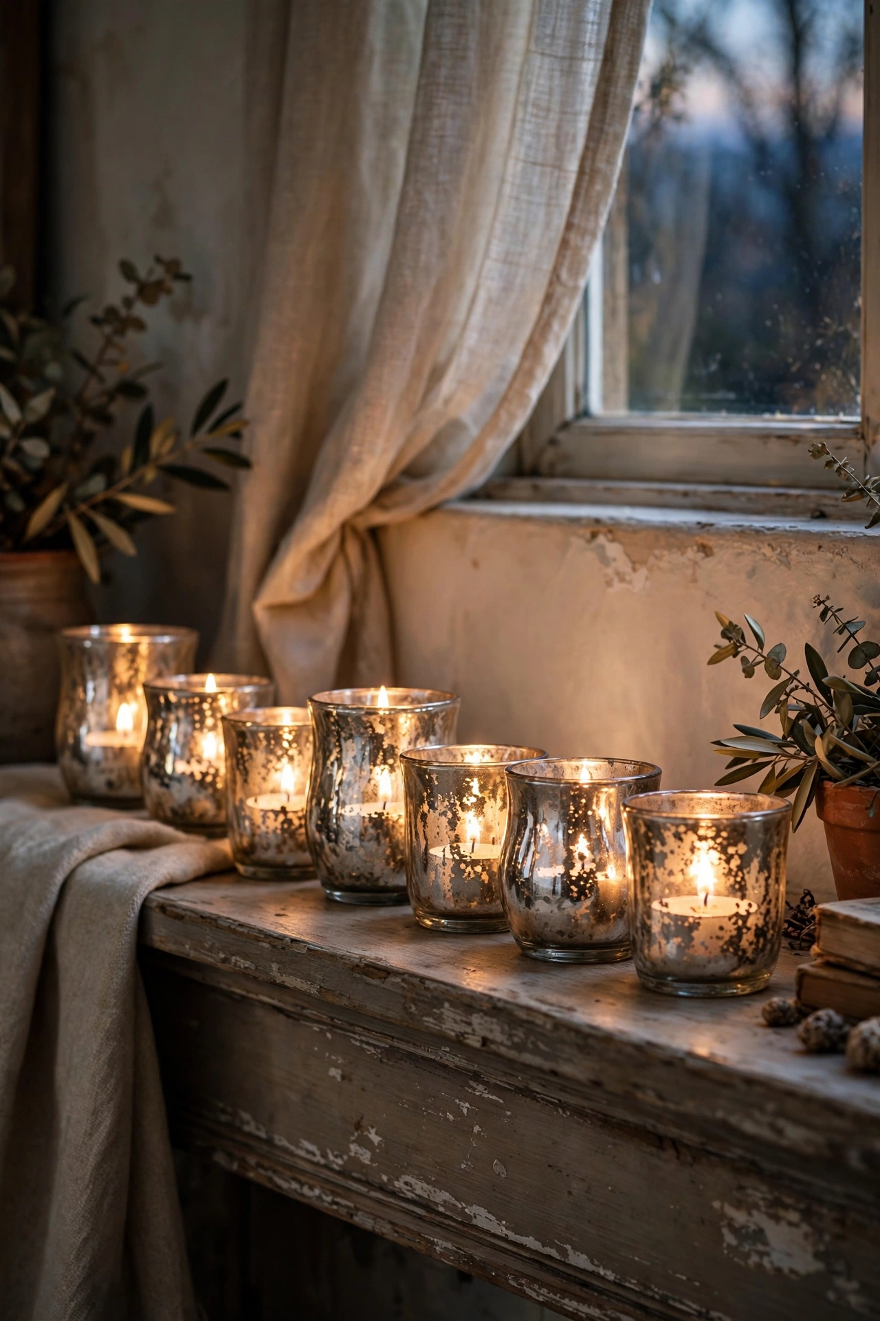 Mottled mercury glass tea light holders glowing on a mantel in a dollar store diy decor project