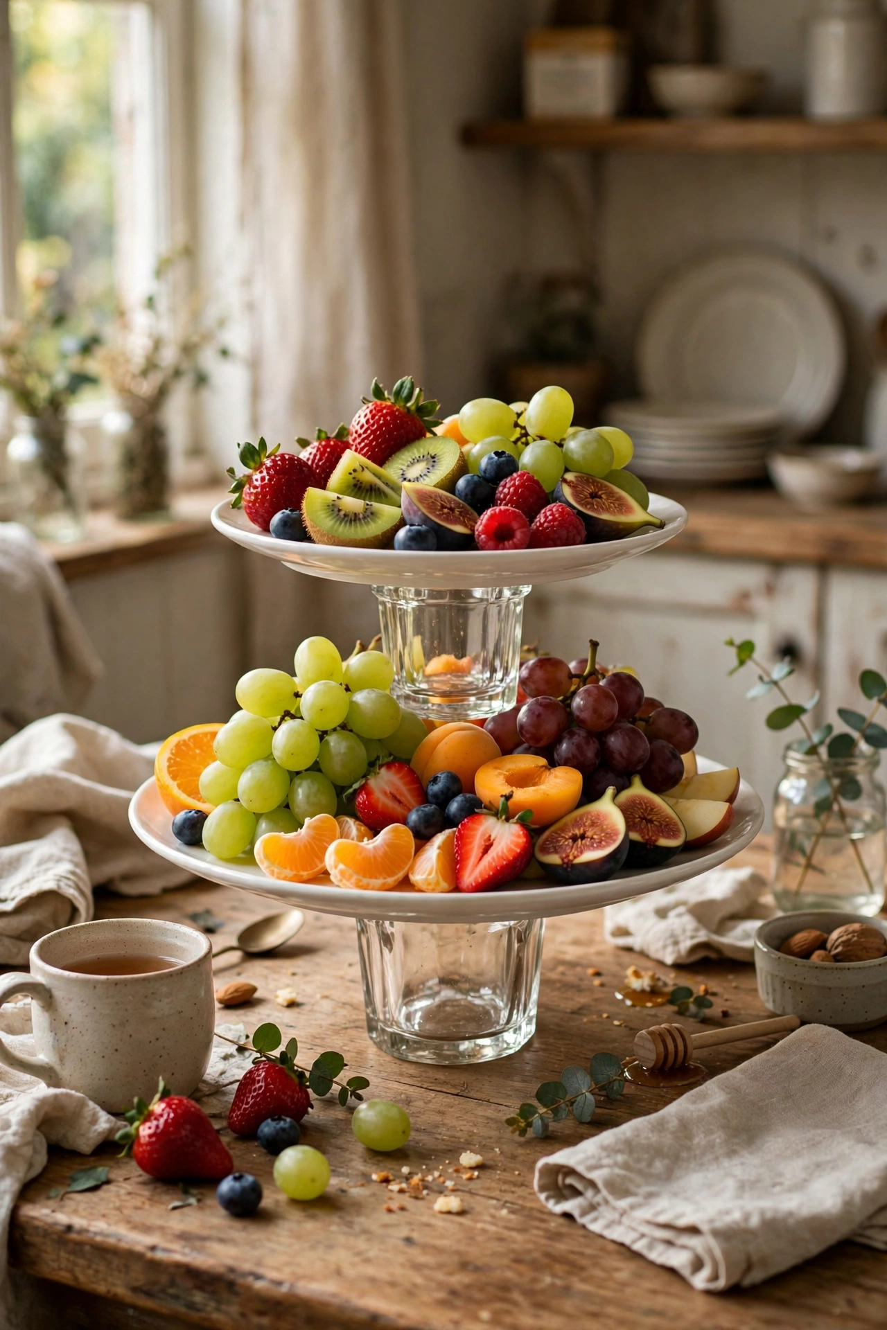 Two-tier serving stand made from glued plates and candle holders piled with fruit in a dollar store diy decor project