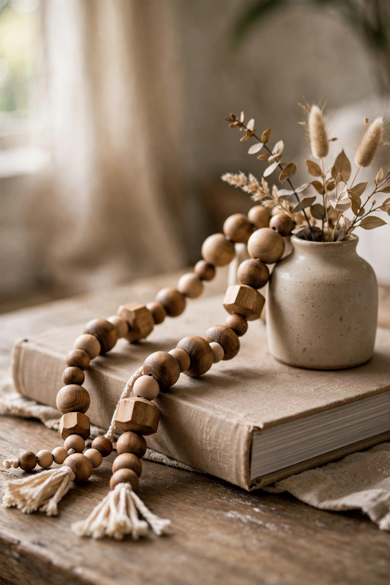 Wooden bead garland draped over a coffee table book and small vase in a dollar store diy decor project