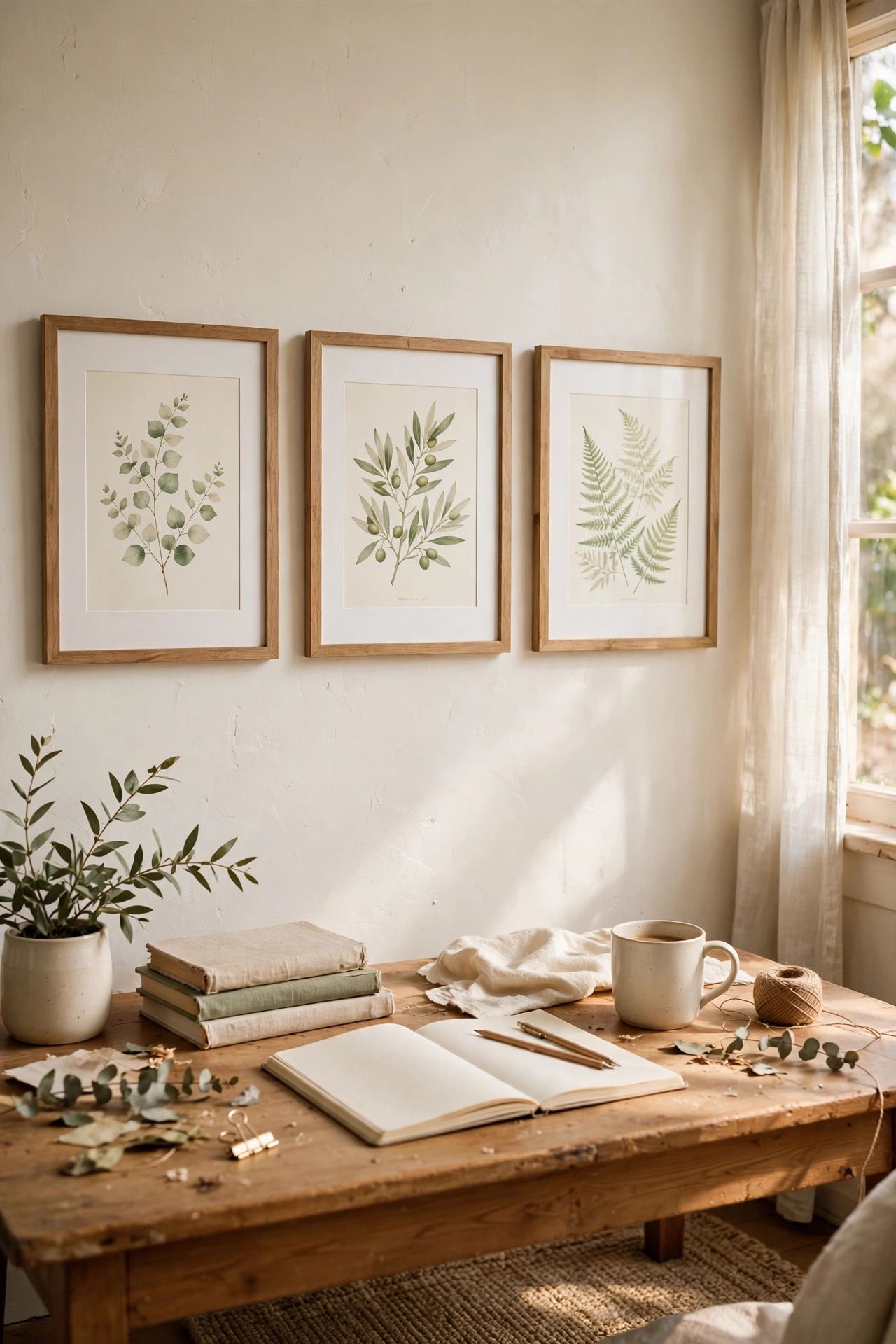 Row of three framed botanical prints with wide white borders above a desk in a dollar store diy decor project