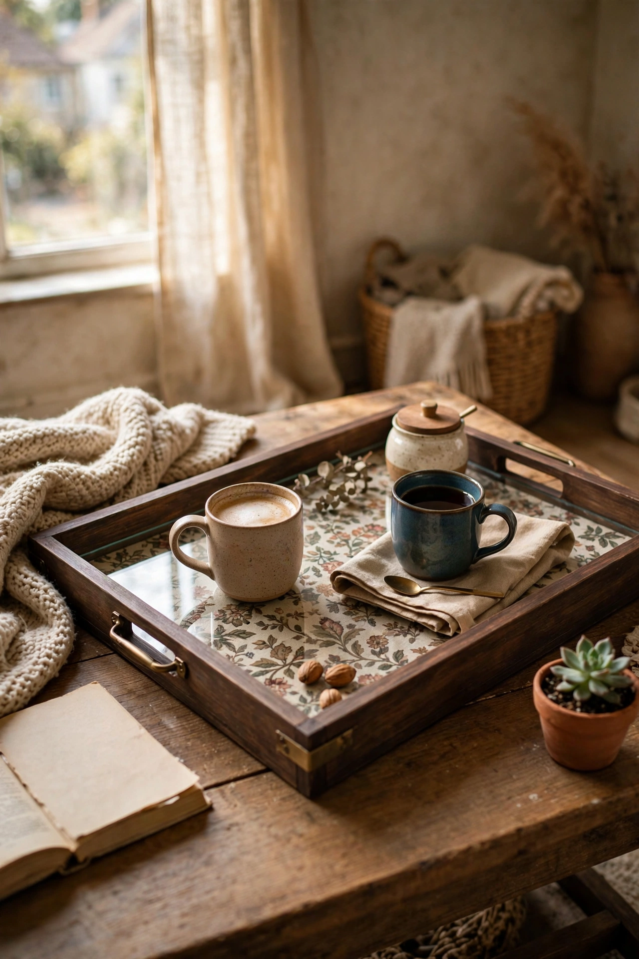 Serving tray made from a deep picture frame with fabric base and handles in a dollar store diy decor project