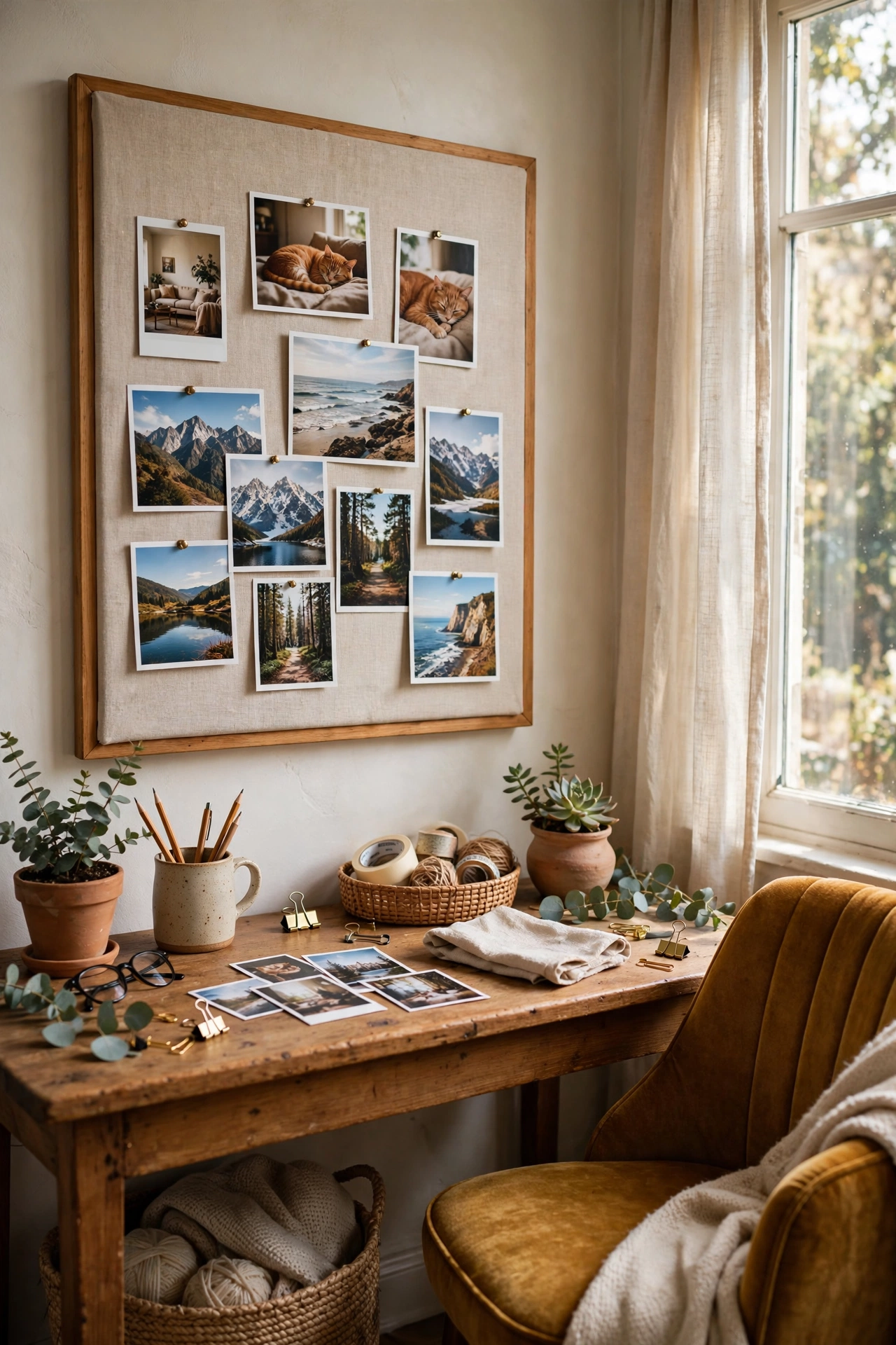 Linen-covered notice board pinned above a home office desk in a dollar store diy decor project