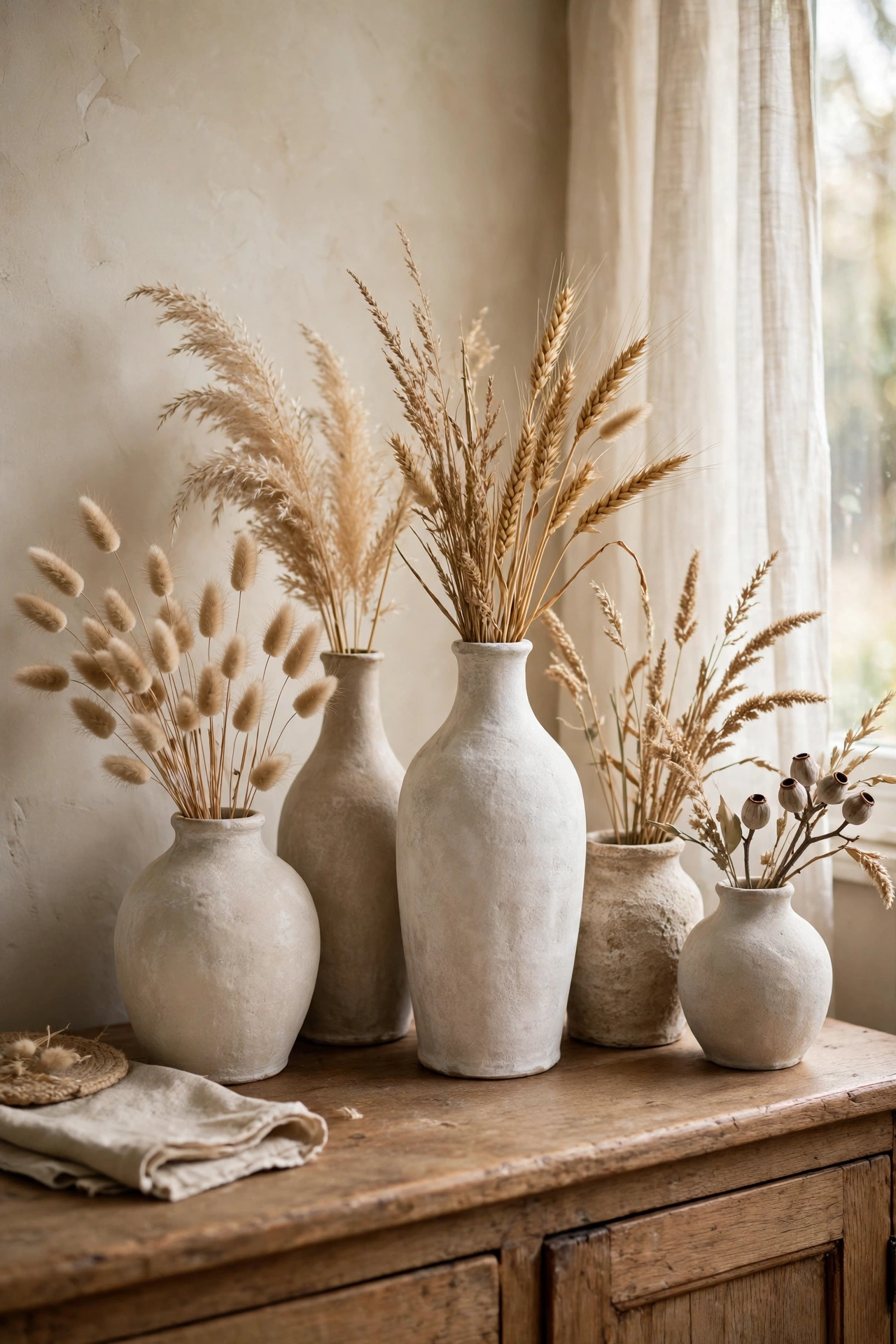 Old glass vases painted with a chalky stone-effect finish holding dried grasses in a dollar store diy decor project