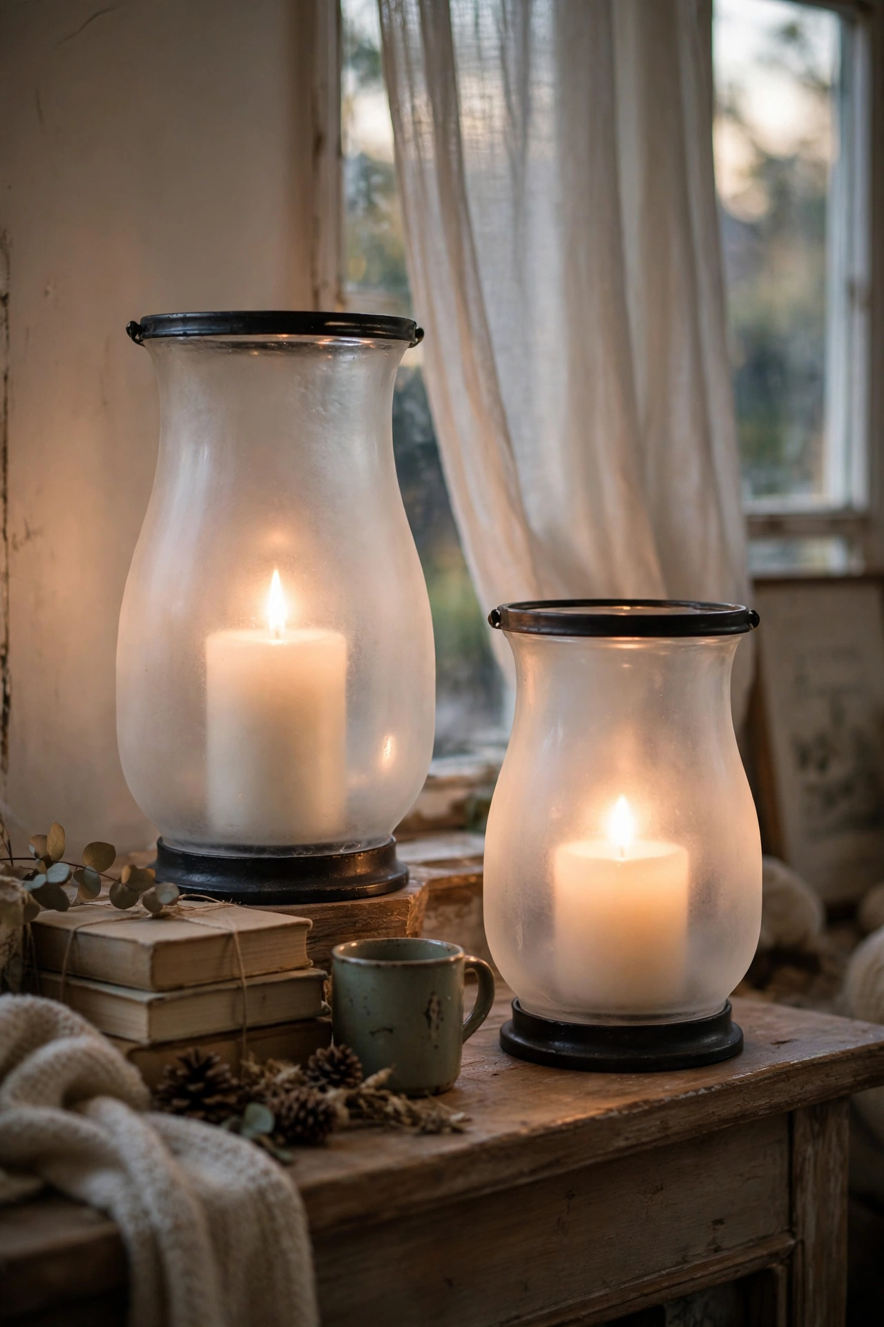 Frosted glass hurricane lanterns with glowing pillar candles on a mantel in a dollar store diy decor project