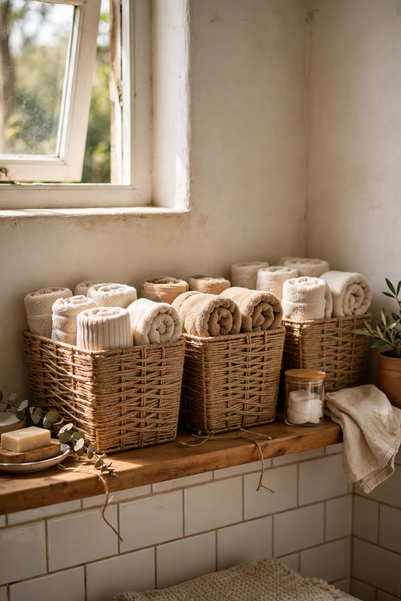 Plastic storage baskets wrapped in tight jute twine holding rolled towels in a dollar store diy decor project