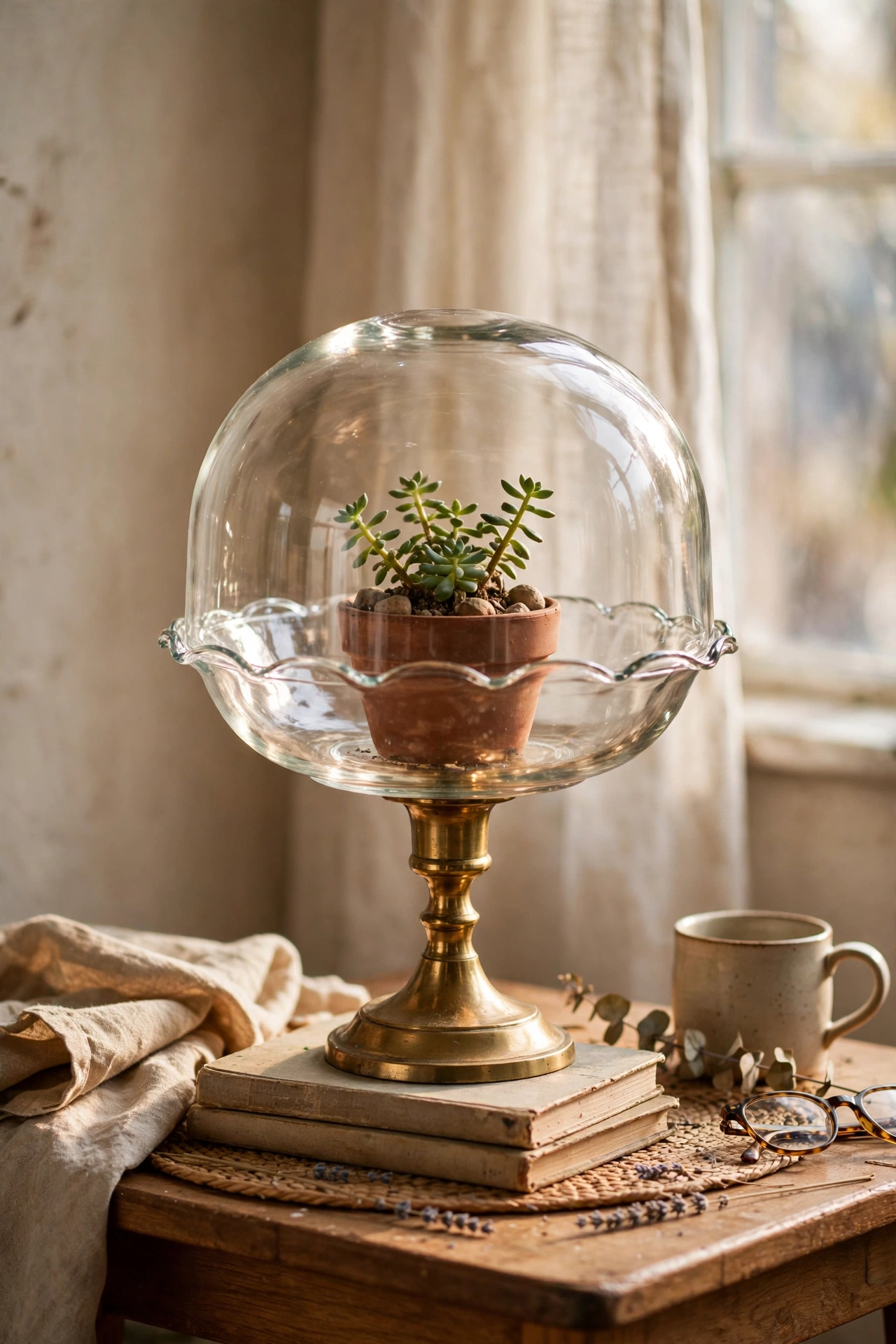 Glass cloche made from a bowl and candlestick displayed over a small plant in a dollar store diy decor project