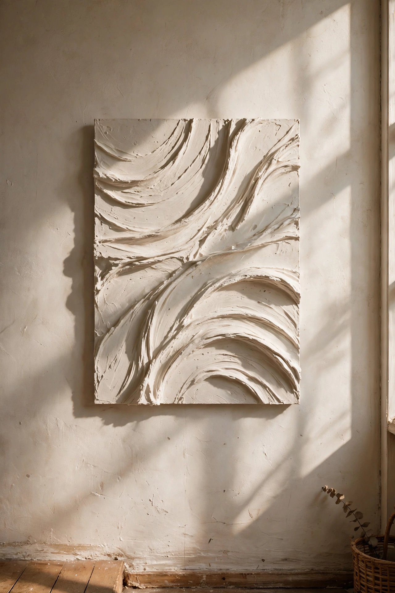 Textured plaster wall art with sweeping ridges in warm white on a quiet wall in a dollar store diy decor project