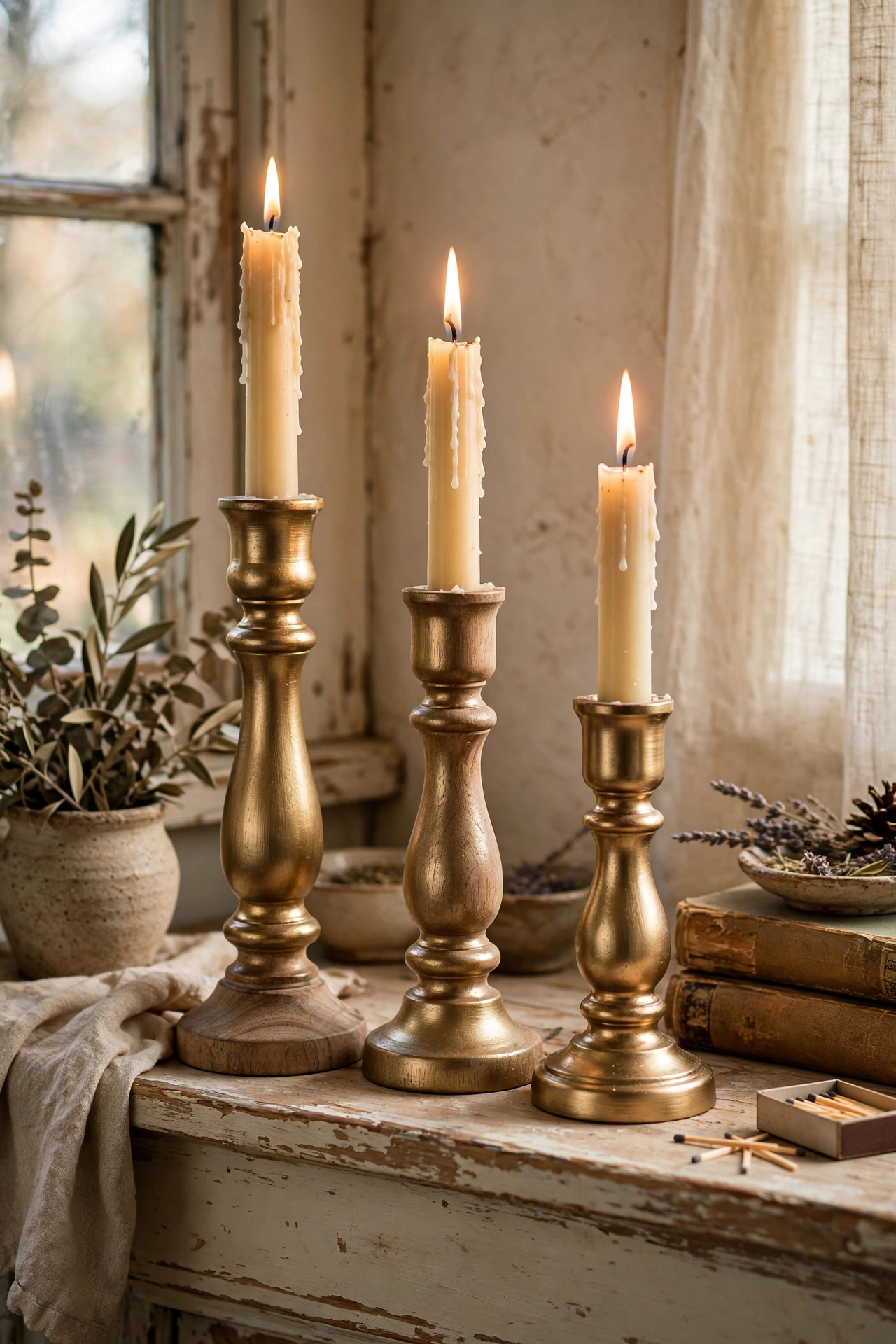 Wooden candlesticks sprayed in brushed brass with cream tapers on a mantel in a dollar store diy decor project