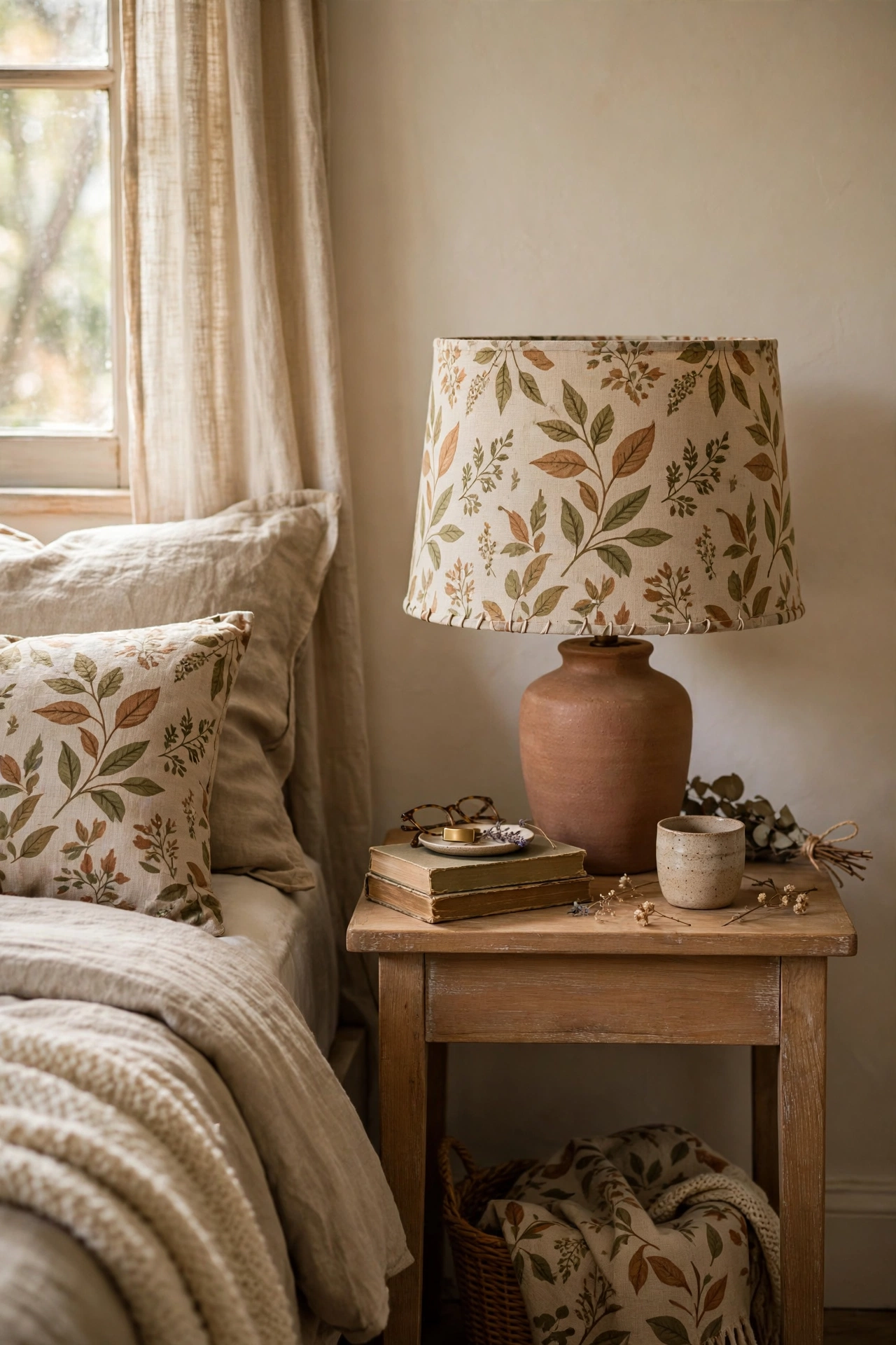 Table lamp with a plain shade recovered in patterned fabric beside a styled bed in a dollar store diy decor project